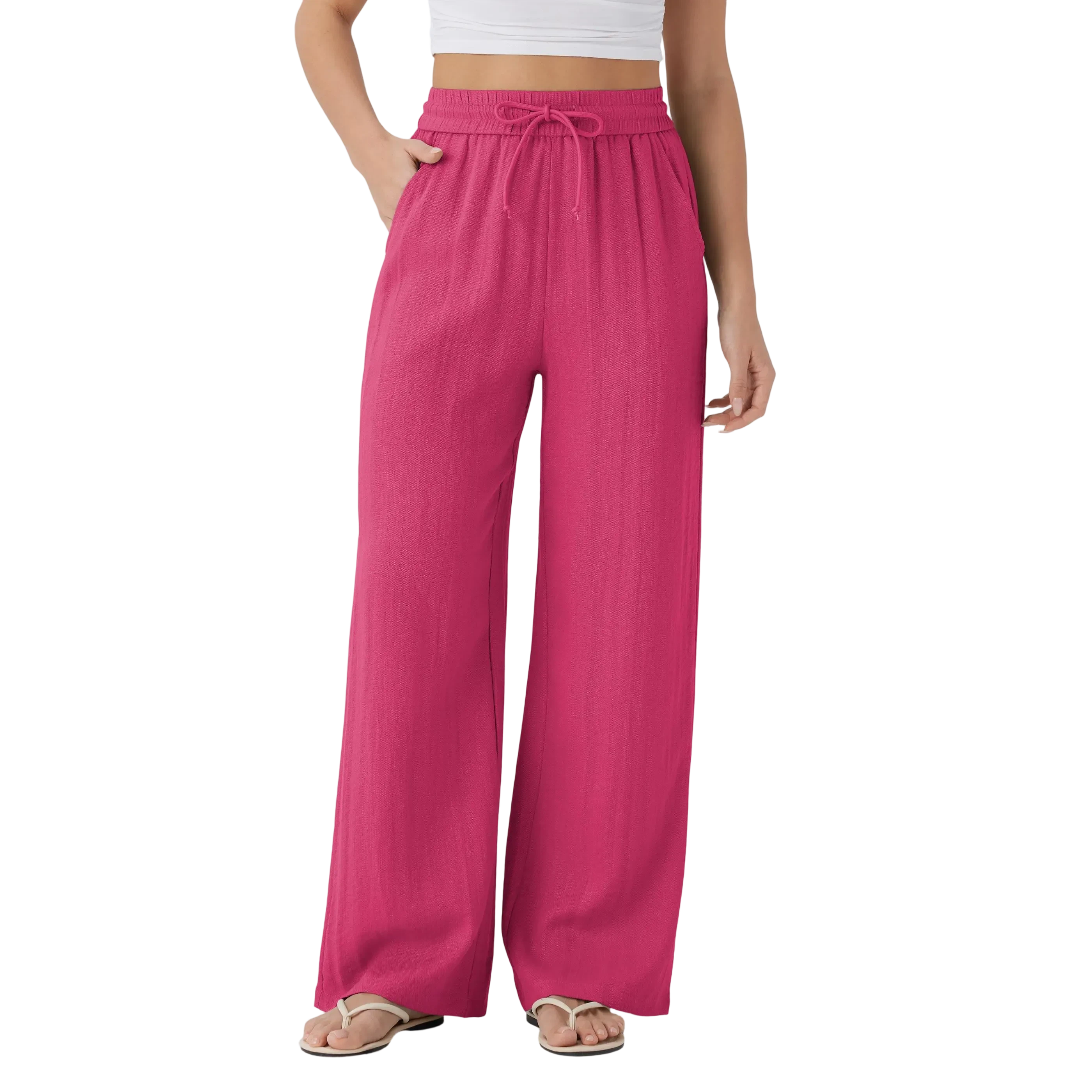 High Waisted Drawstring Pocket Wide Leg Baggy Casual Linen-Feel Pants