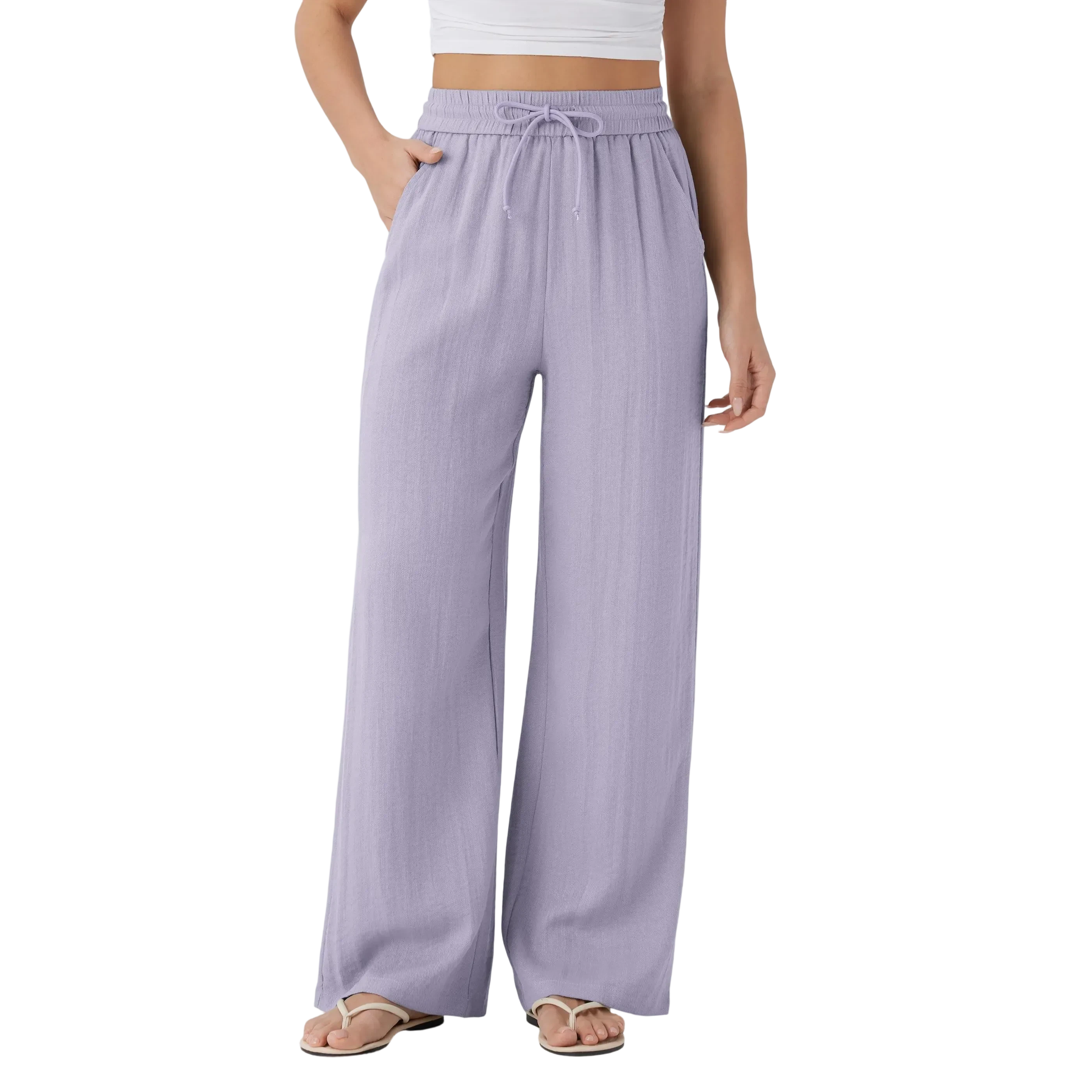 High Waisted Drawstring Pocket Wide Leg Baggy Casual Linen-Feel Pants