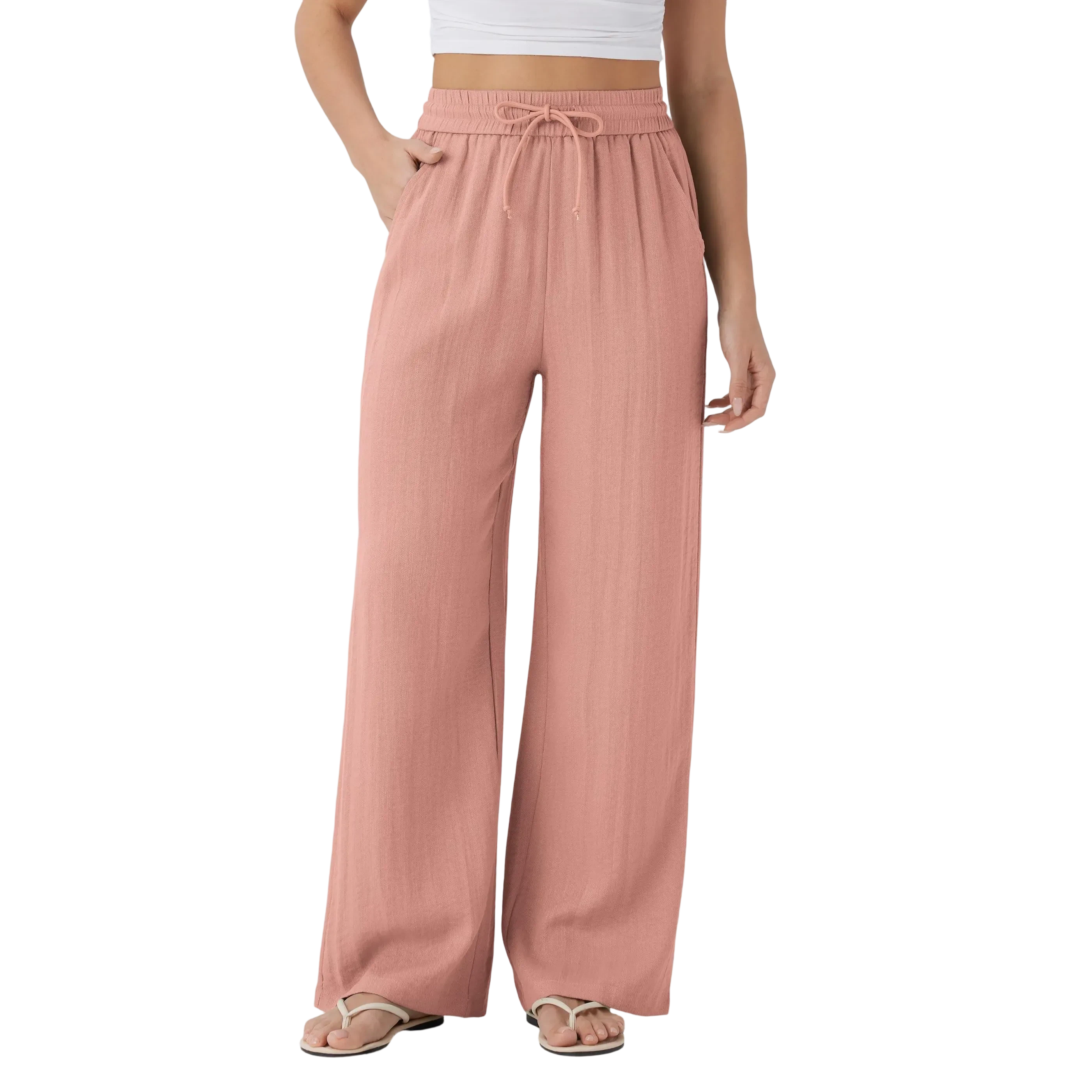 High Waisted Drawstring Pocket Wide Leg Baggy Casual Linen-Feel Pants