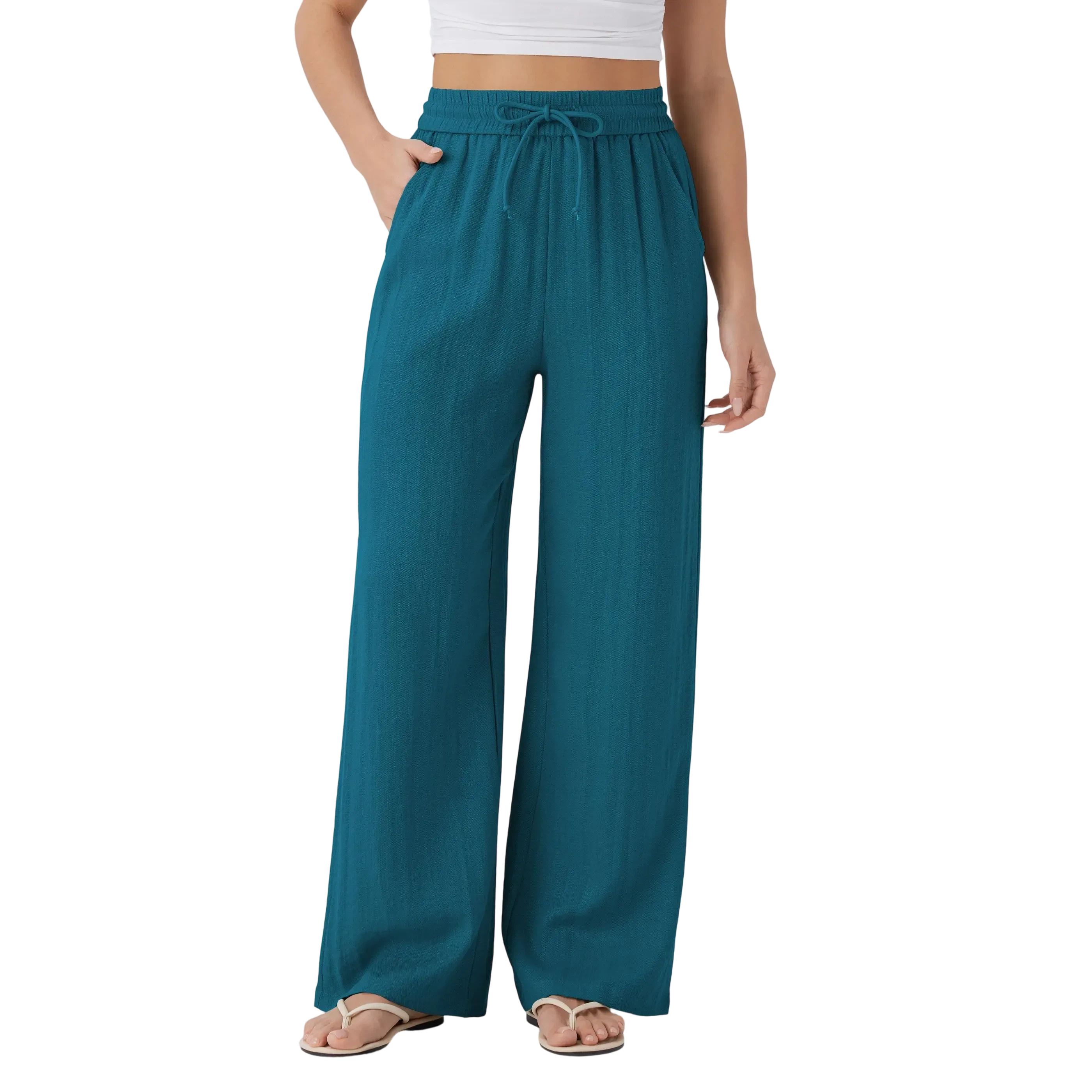 High Waisted Drawstring Pocket Wide Leg Baggy Casual Linen-Feel Pants