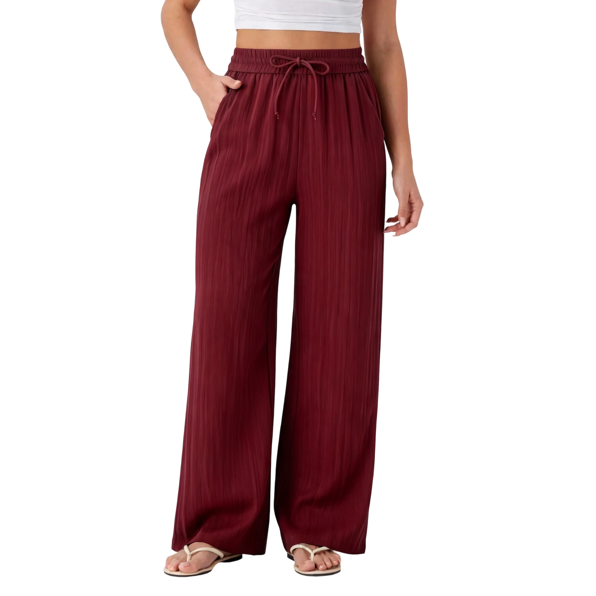 High Waisted Drawstring Pocket Wide Leg Baggy Casual Linen-Feel Pants