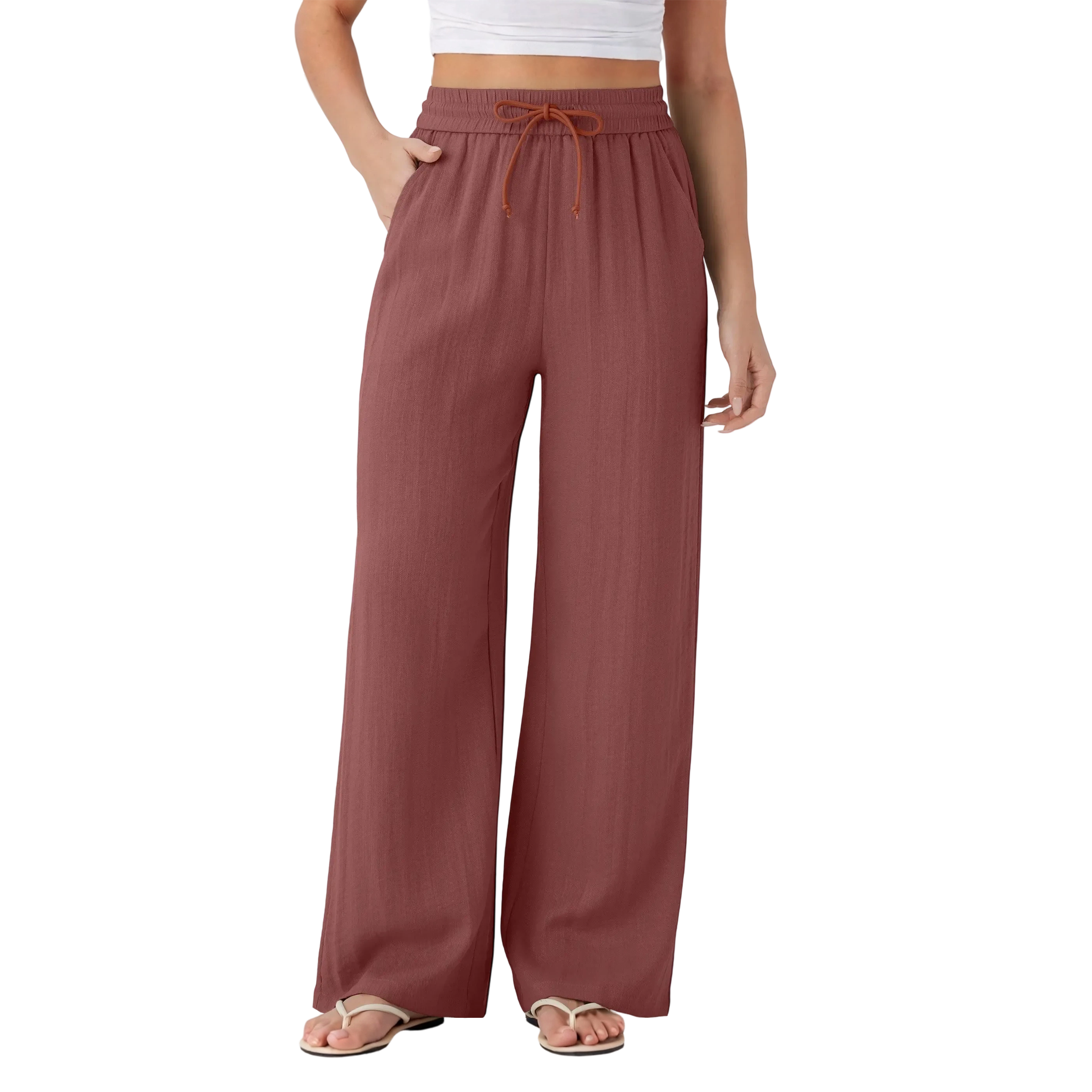 High Waisted Drawstring Pocket Wide Leg Baggy Casual Linen-Feel Pants