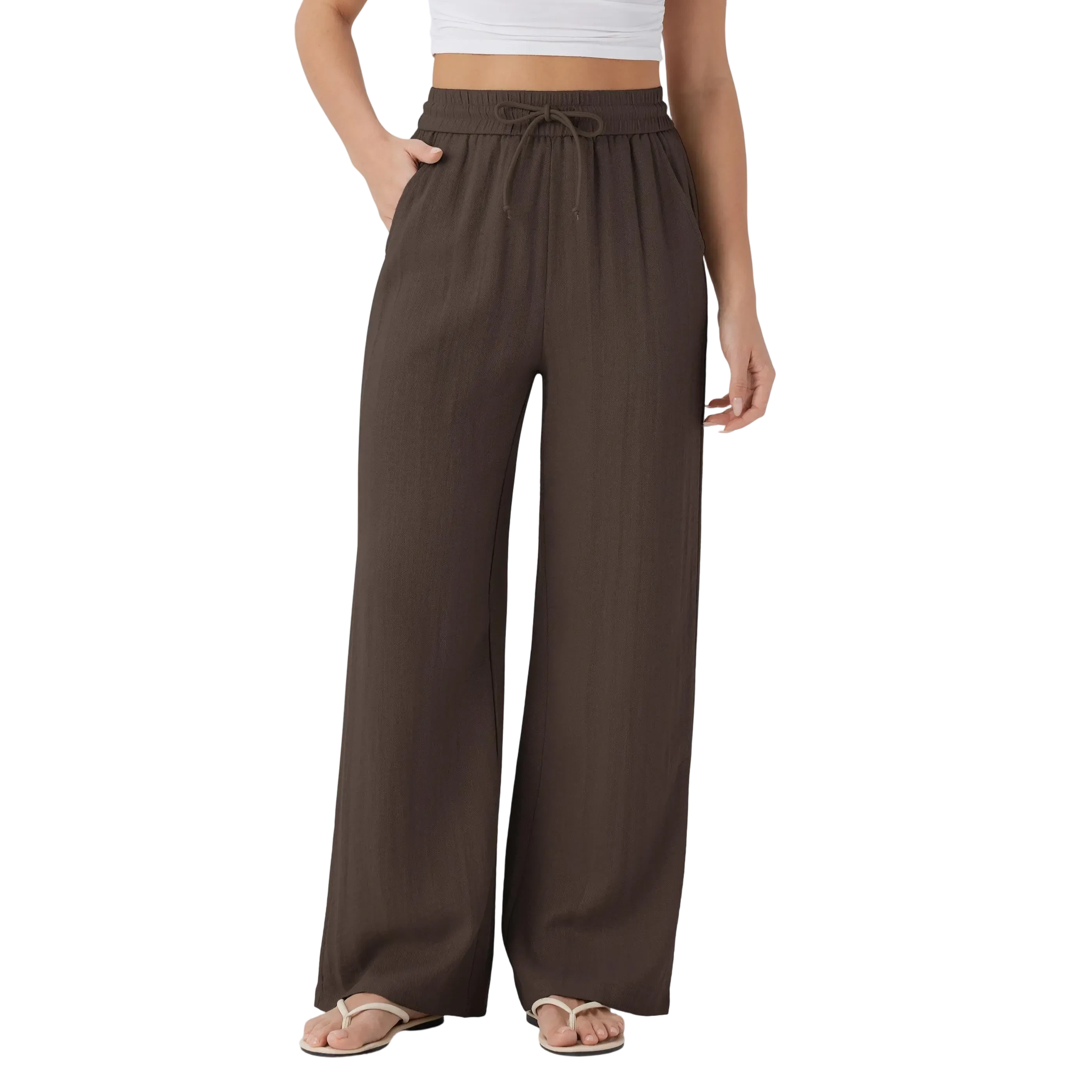 High Waisted Drawstring Pocket Wide Leg Baggy Casual Linen-Feel Pants