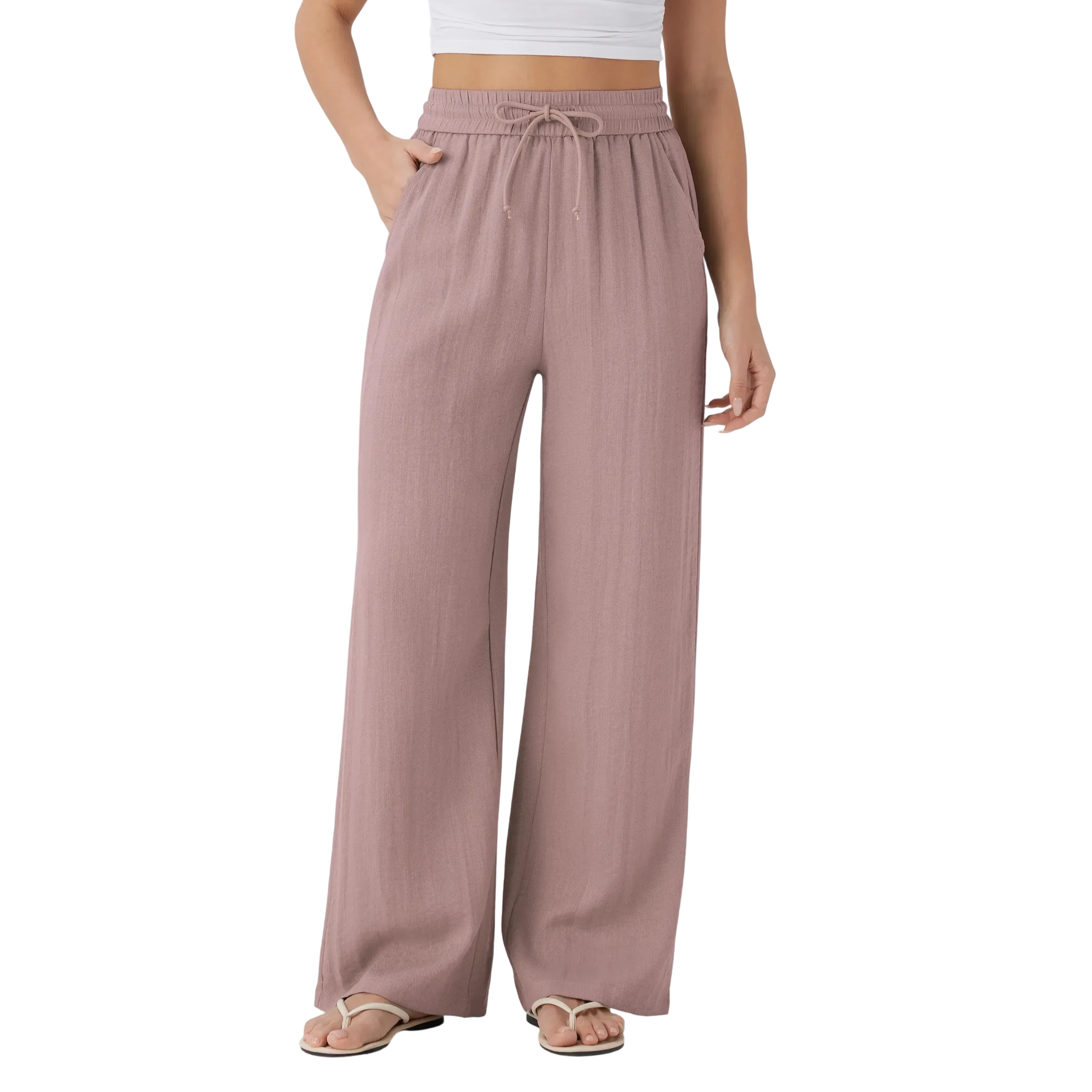High Waisted Drawstring Pocket Wide Leg Baggy Casual Linen-Feel Pants