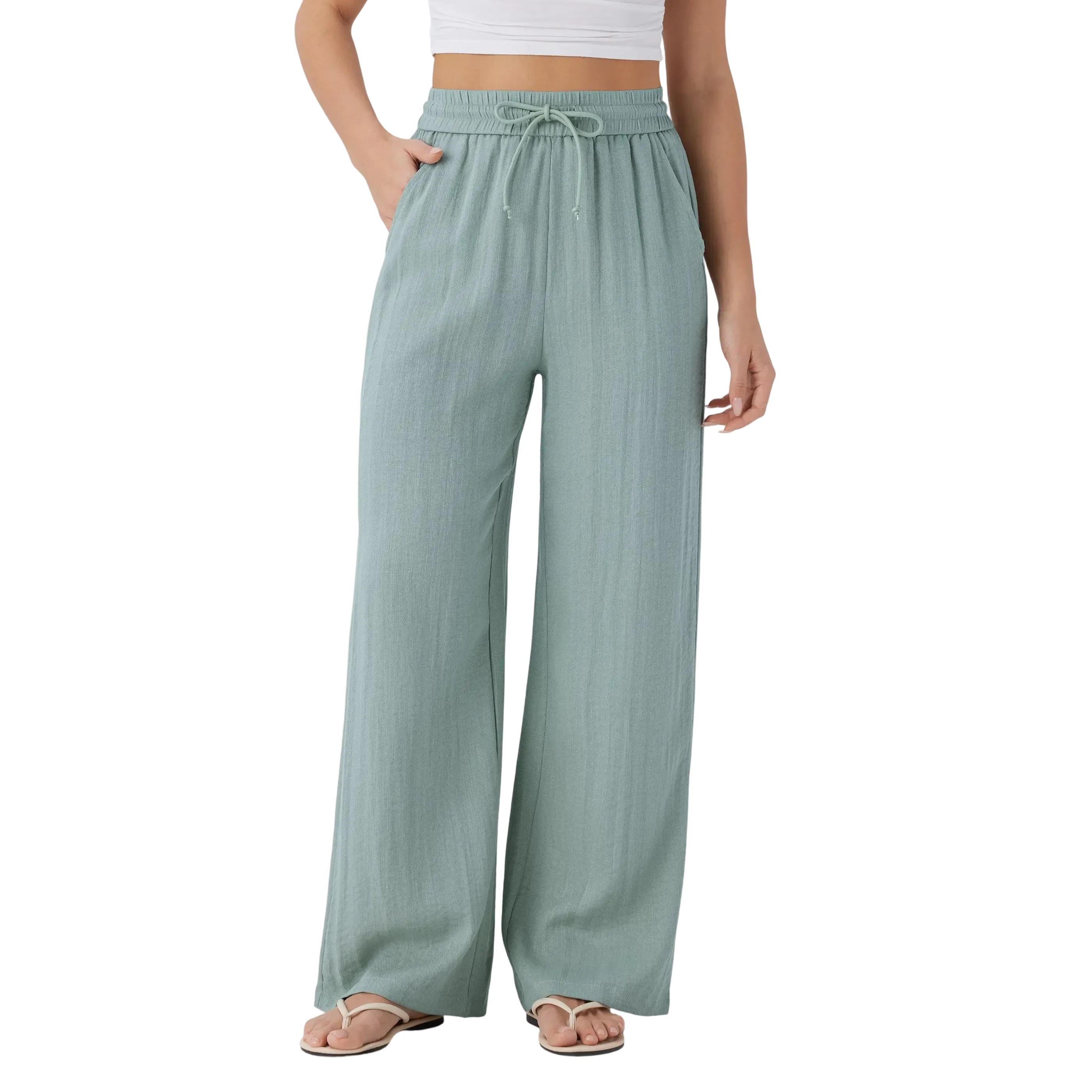 High Waisted Drawstring Pocket Wide Leg Baggy Casual Linen-Feel Pants