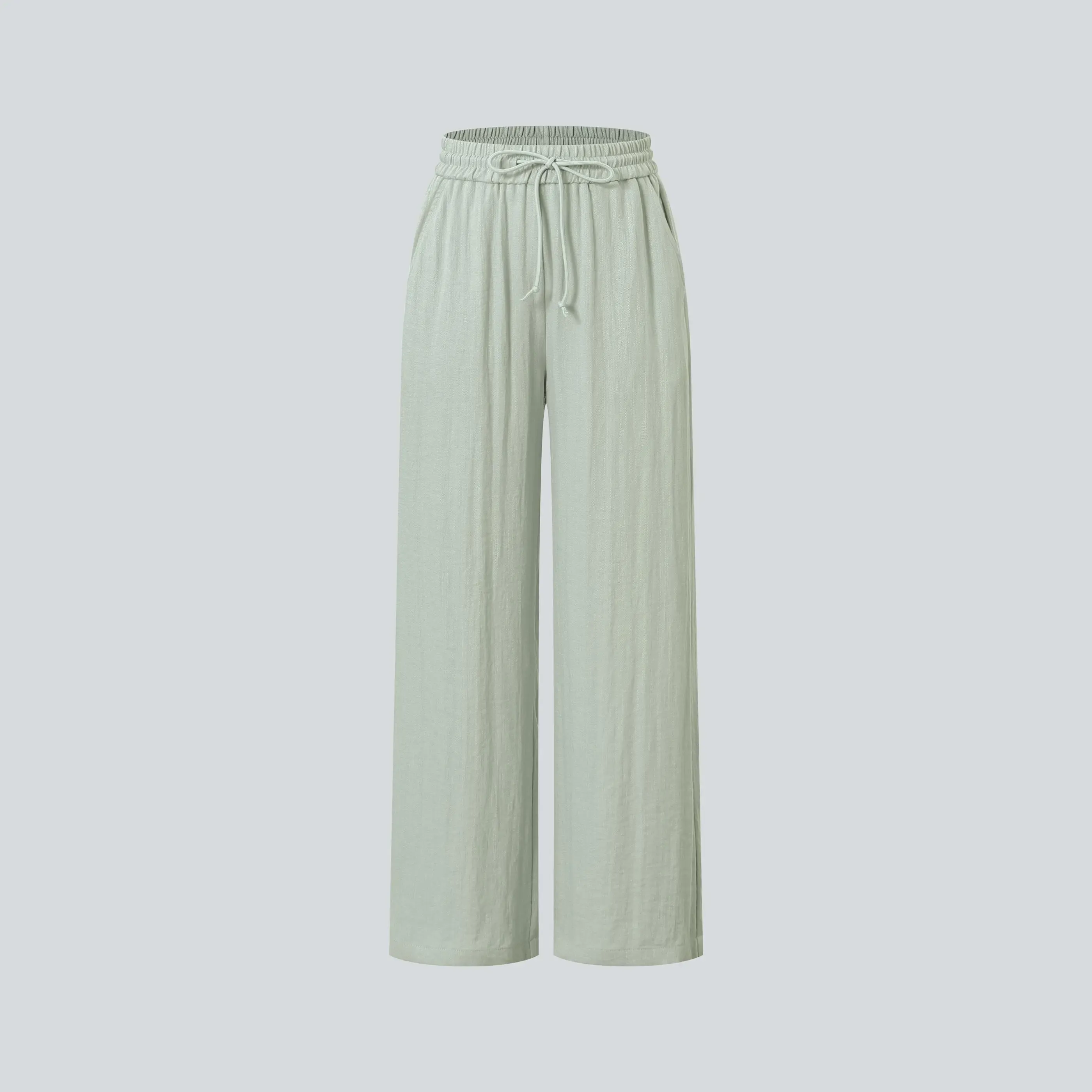 High Waisted Drawstring Pocket Wide Leg Baggy Casual Linen-Feel Pants
