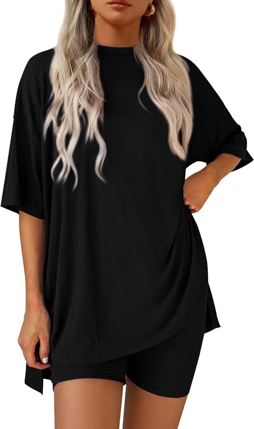 🎄Christmas Special Sale🎁Women's Two Piece Lounge Set 2026 Summer Casual Oversized Shirts  Biker Shorts Matching Airport Travel Outfit