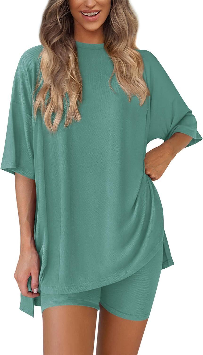 🎄Christmas Special Sale🎁Women's Two Piece Lounge Set 2026 Summer Casual Oversized Shirts  Biker Shorts Matching Airport Travel Outfit