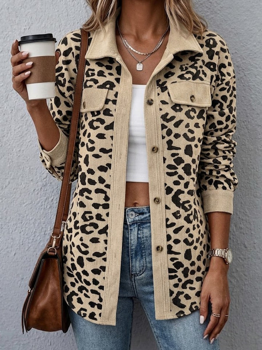 Contrast Rib Collar Leopard Print Corduroy Long Sleeve Shirt Jacket - apricot