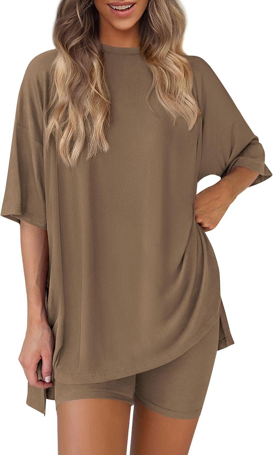 🎄Christmas Special Sale🎁Women's Two Piece Lounge Set 2026 Summer Casual Oversized Shirts  Biker Shorts Matching Airport Travel Outfit