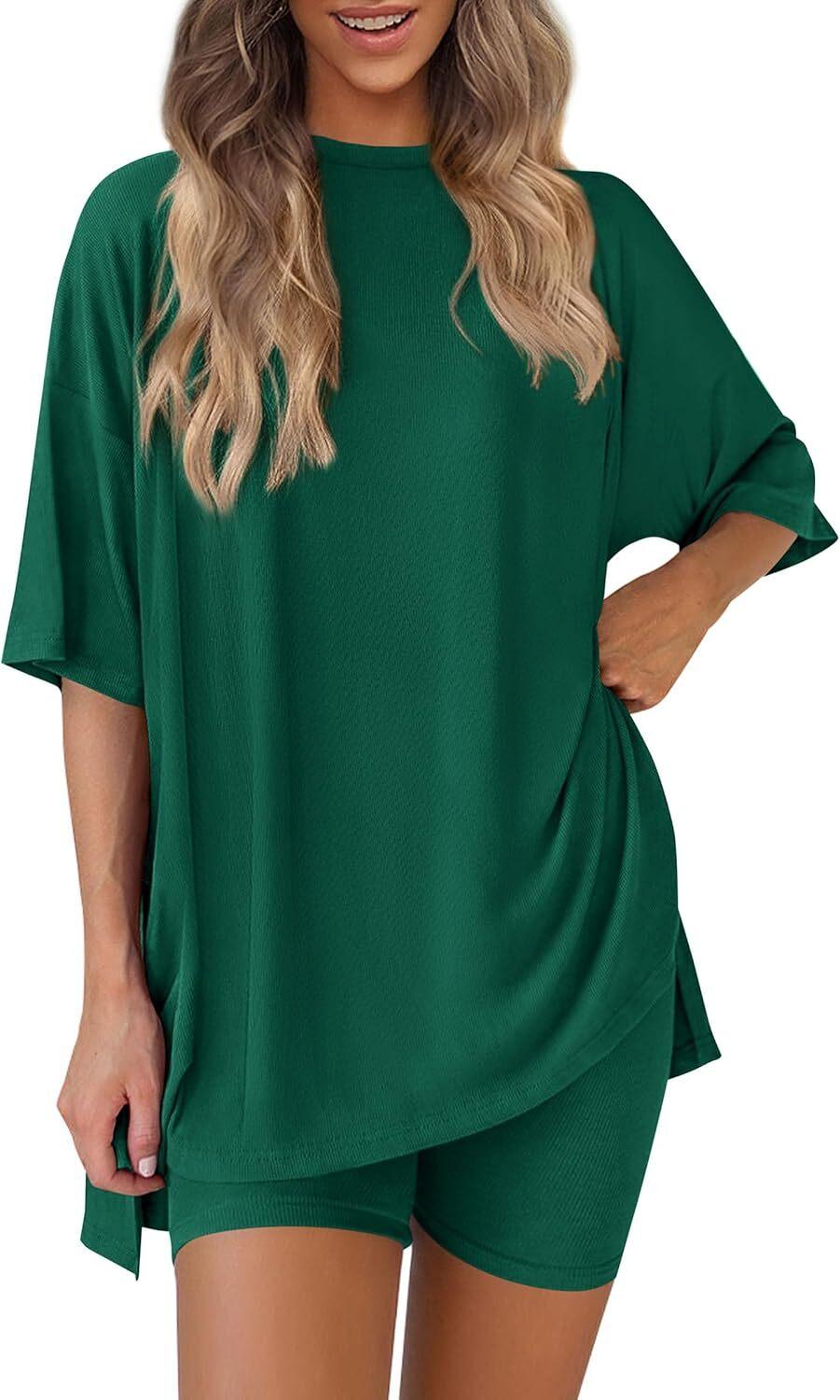 🎄Christmas Special Sale🎁Women's Two Piece Lounge Set 2026 Summer Casual Oversized Shirts  Biker Shorts Matching Airport Travel Outfit