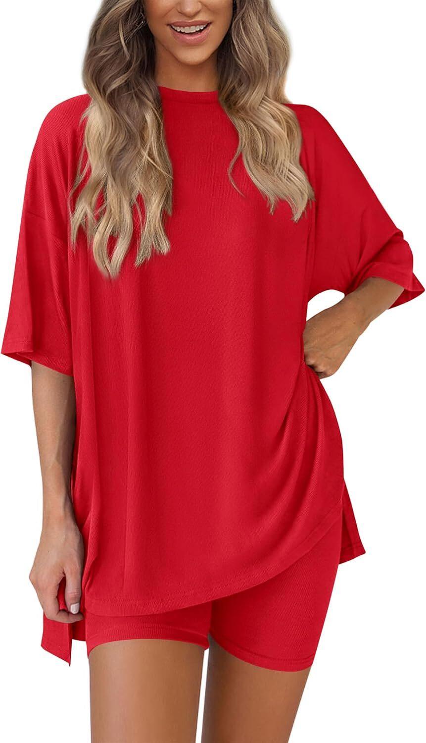 🎄Christmas Special Sale🎁Women's Two Piece Lounge Set 2026 Summer Casual Oversized Shirts  Biker Shorts Matching Airport Travel Outfit