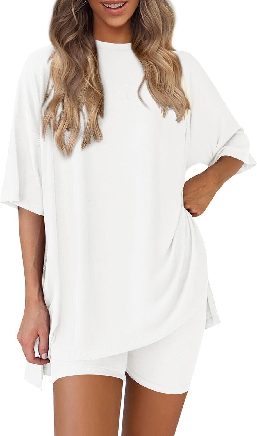 🎄Christmas Special Sale🎁Women's Two Piece Lounge Set 2026 Summer Casual Oversized Shirts  Biker Shorts Matching Airport Travel Outfit