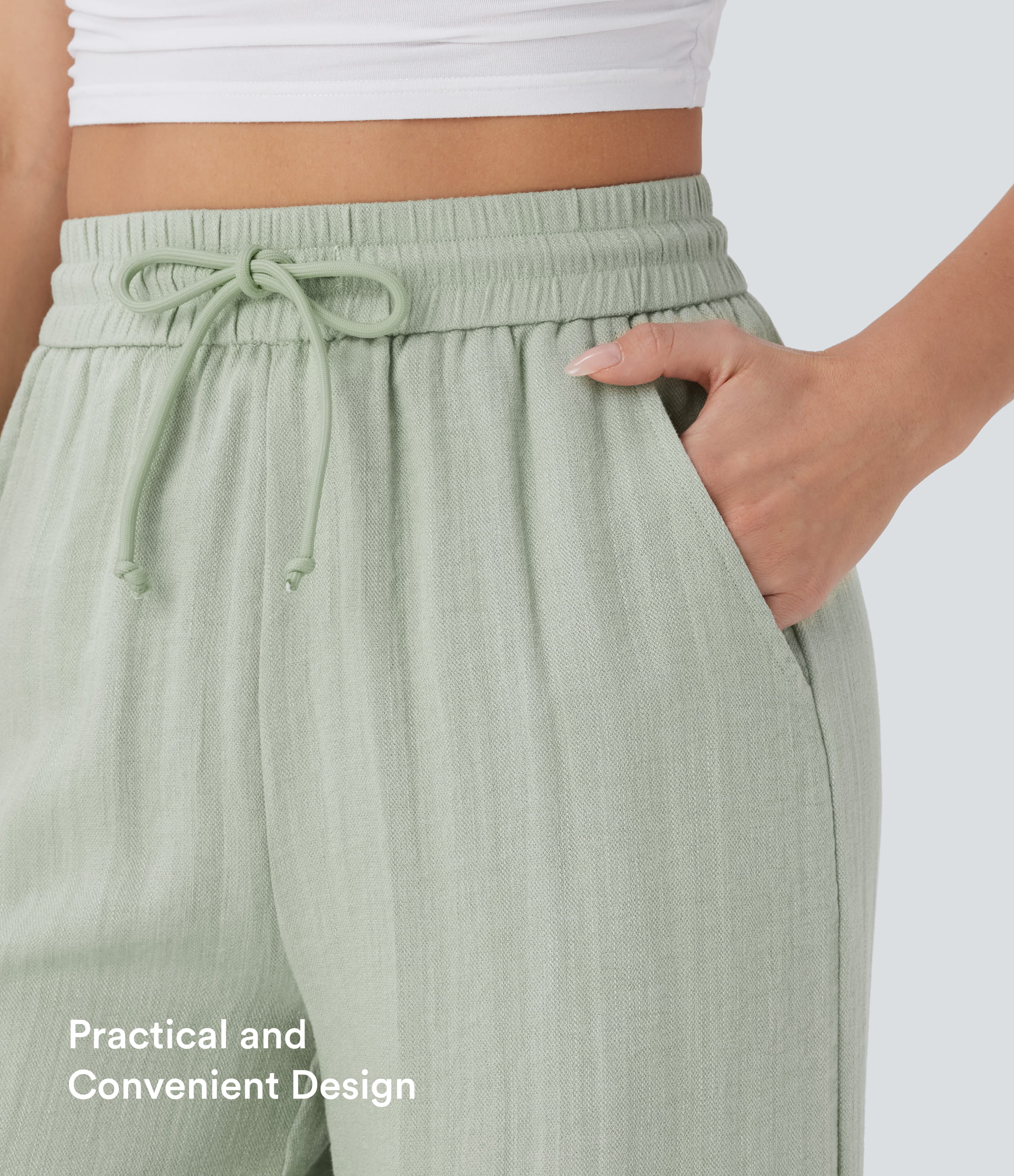 【Creator&rsquo;s Pick】Halara High Waisted Drawstring Pocket Wide Leg Baggy Casual Linen-Feel Pants