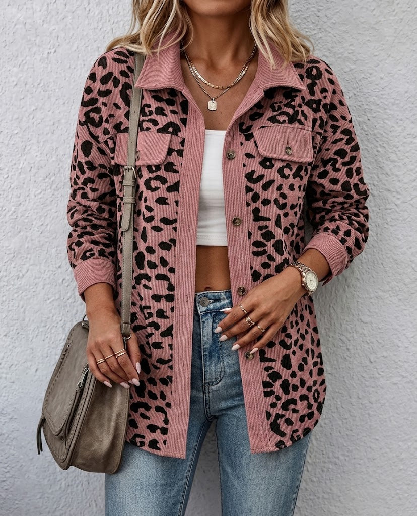 Contrast Rib Collar Leopard Print Corduroy Long Sleeve Shirt Jacket - Pink