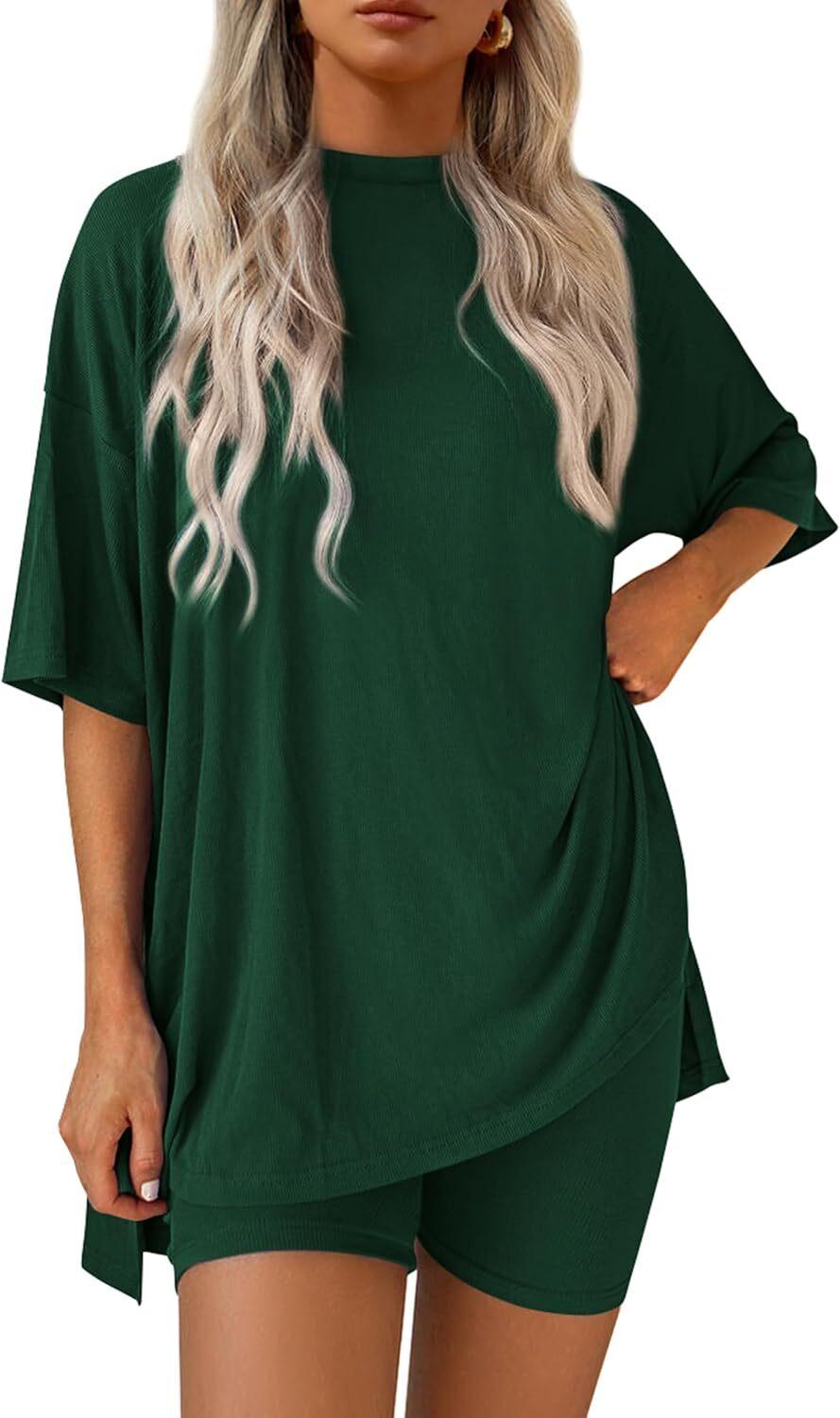 🎄Christmas Special Sale🎁Women's Two Piece Lounge Set 2026 Summer Casual Oversized Shirts  Biker Shorts Matching Airport Travel Outfit