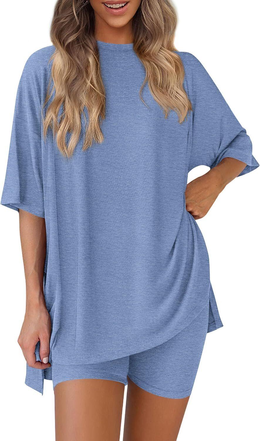 🎄Christmas Special Sale🎁Women's Two Piece Lounge Set 2026 Summer Casual Oversized Shirts  Biker Shorts Matching Airport Travel Outfit