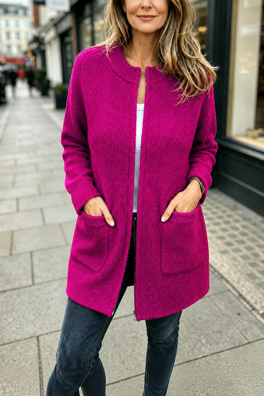 City Comfort™ Longline Zip Knit Wool Cardigan