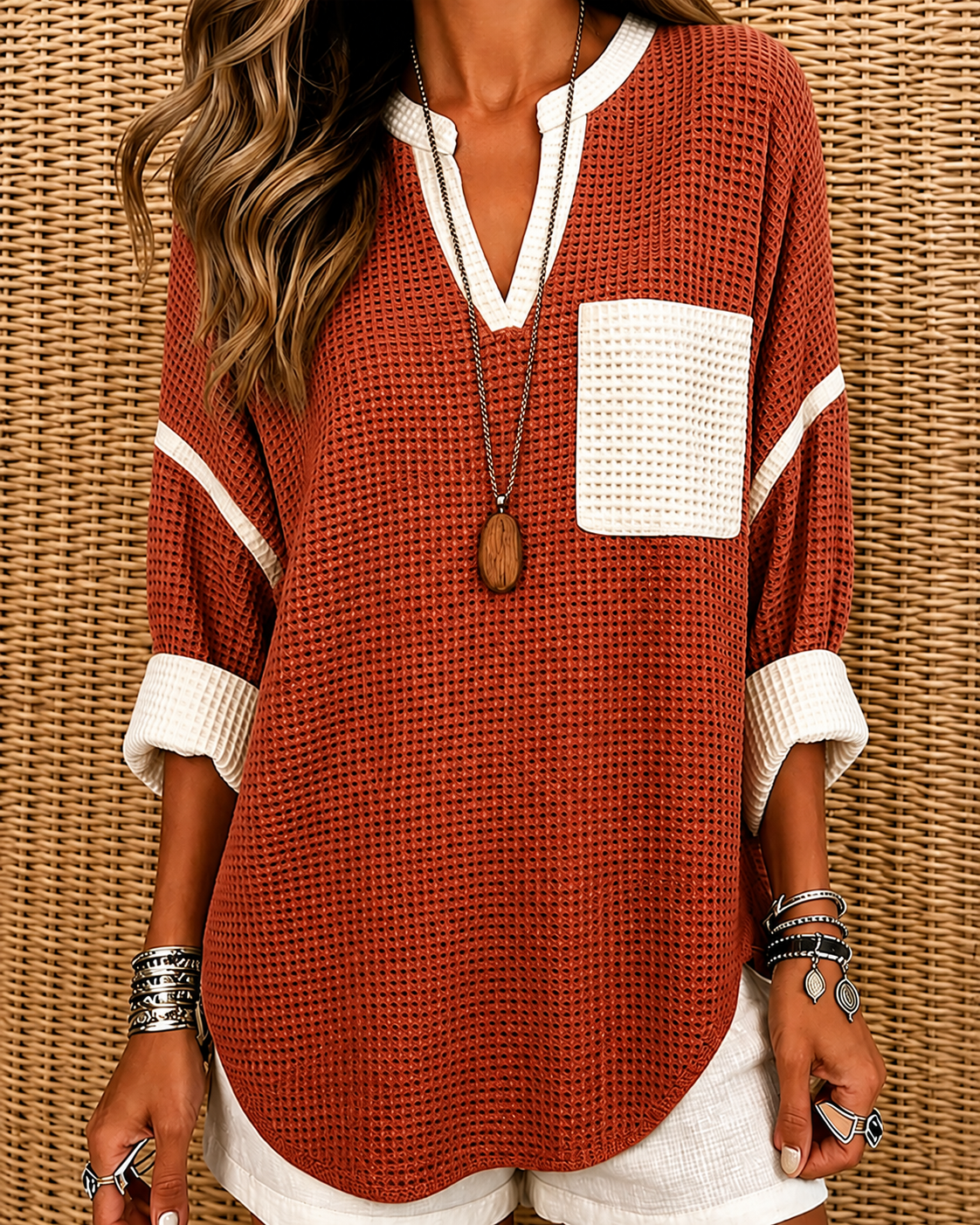 New Arrival🔥 Coastal Ease Contrast Pocket Waffle Tunic Top