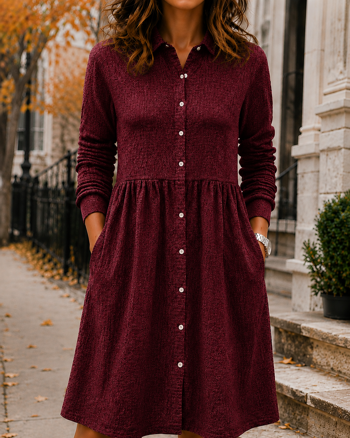 New Arrival🔥 Women’s Textured Button-Front Pocket Shirt Dress