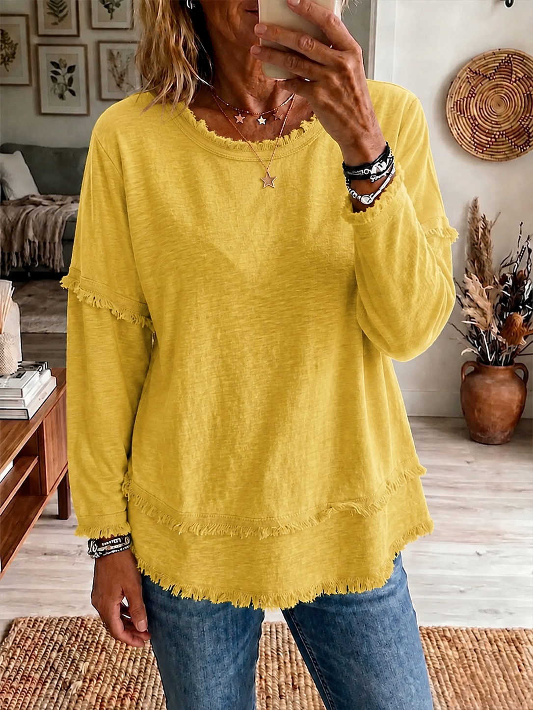 New Arrival🔥 Relaxed Layered Fringe Trim Tunic Top