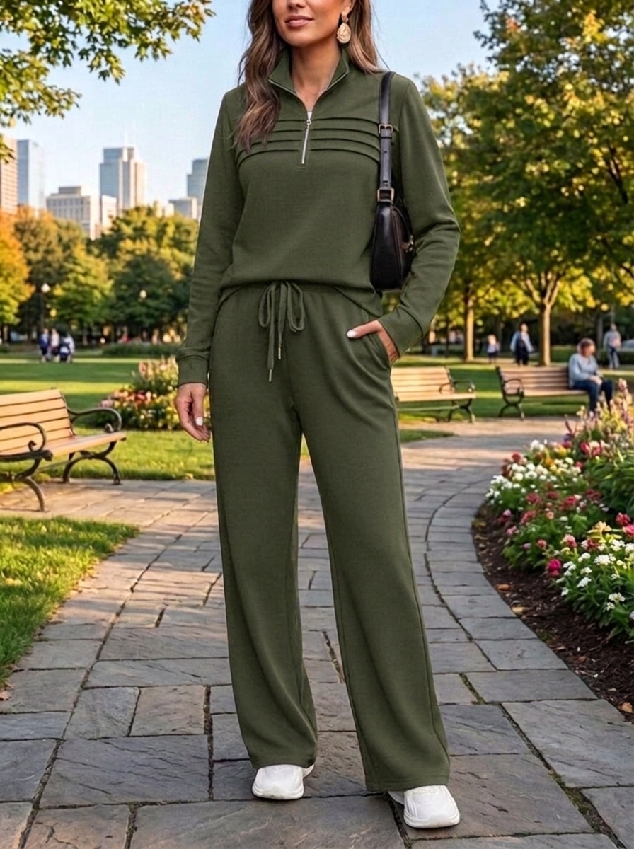 Women's army green quarter-zip two-piece travel set