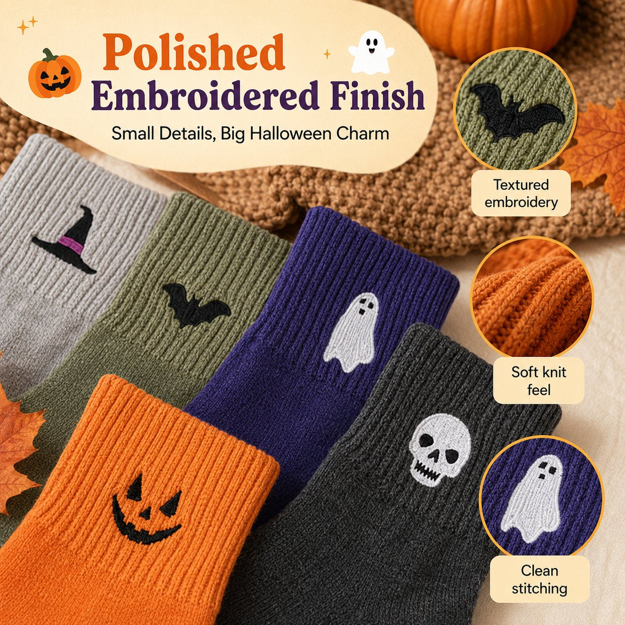Close-up polished embroidered Halloween sock finish