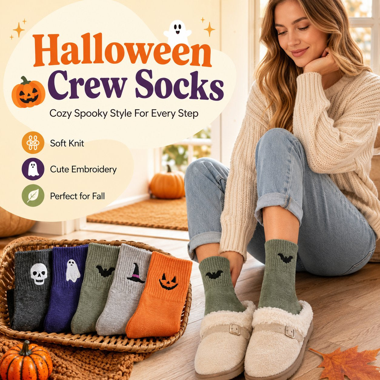 Halloween Crew Socks five-pair set with embroidered seasonal motifs