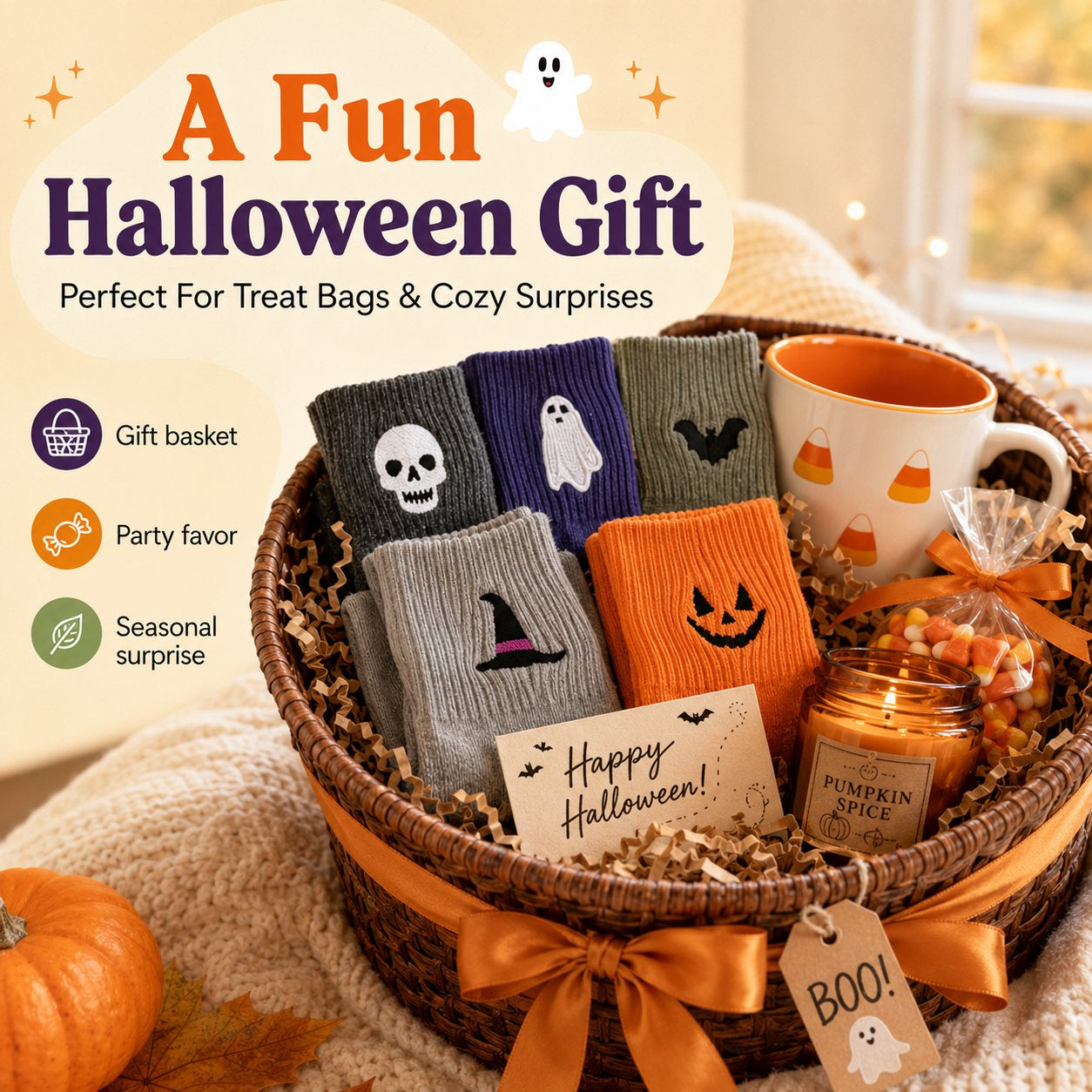 Halloween embroidered crew socks arranged as a seasonal gift basket