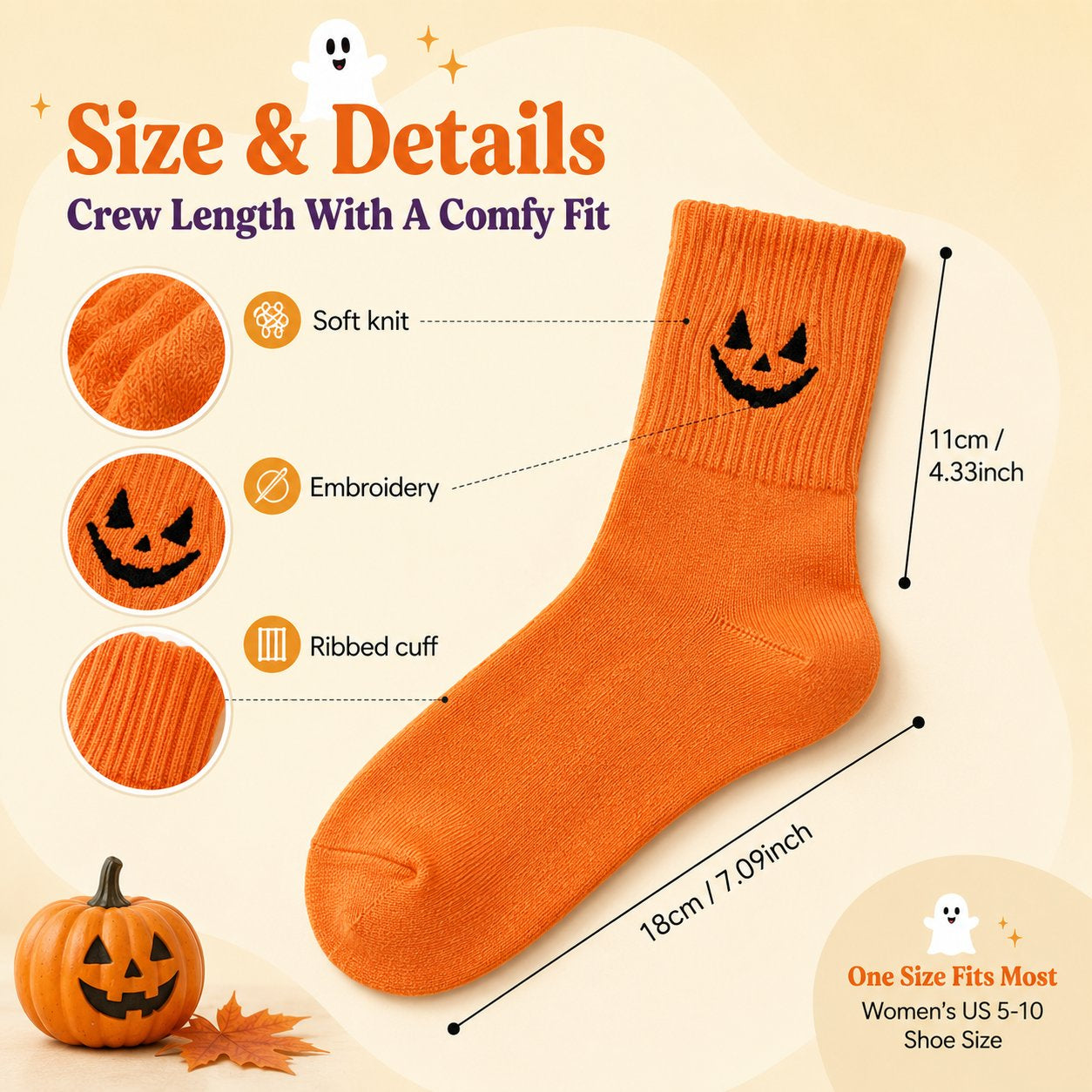 Halloween crew socks size guide with 18 cm foot length 11 cm crew height and womens US 5 to 10