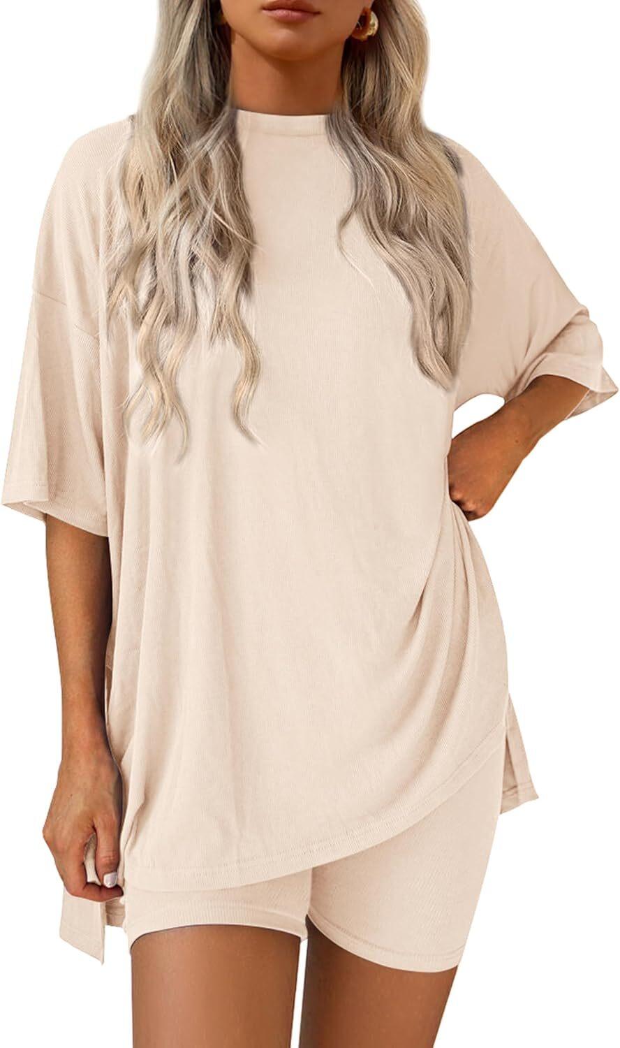 🎄Christmas Special Sale🎁Women's Two Piece Lounge Set 2026 Summer Casual Oversized Shirts  Biker Shorts Matching Airport Travel Outfit