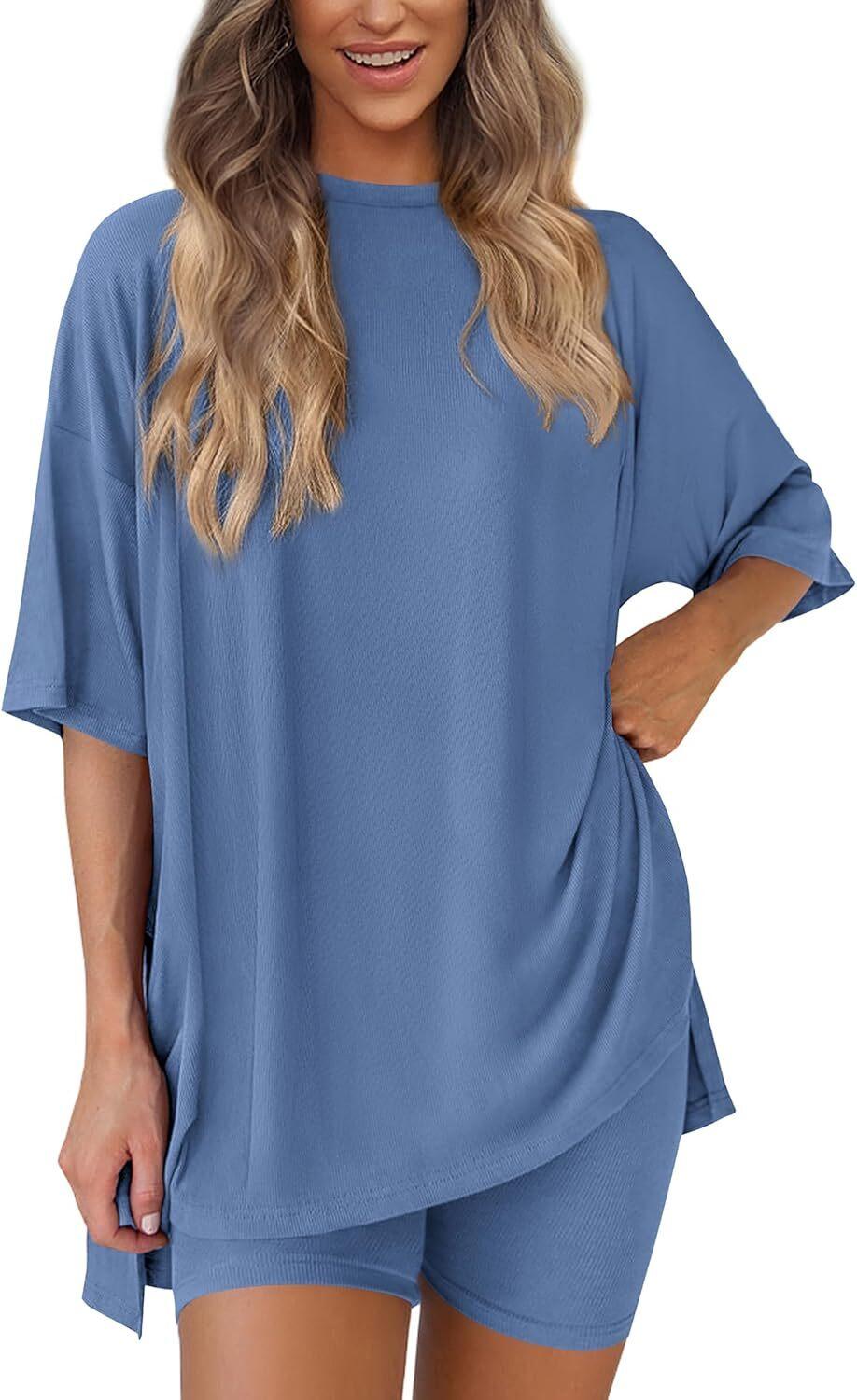 🎄Christmas Special Sale🎁Women's Two Piece Lounge Set 2026 Summer Casual Oversized Shirts  Biker Shorts Matching Airport Travel Outfit