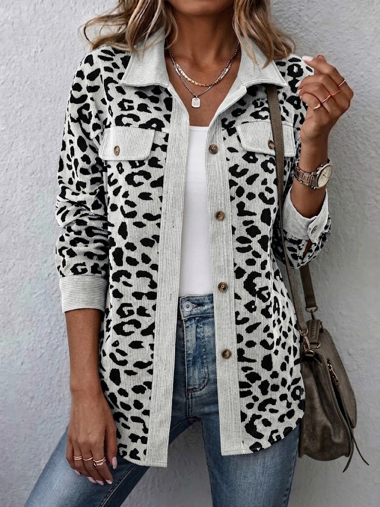 Contrast Rib Collar Leopard Print Corduroy Long Sleeve Shirt Jacket - White
