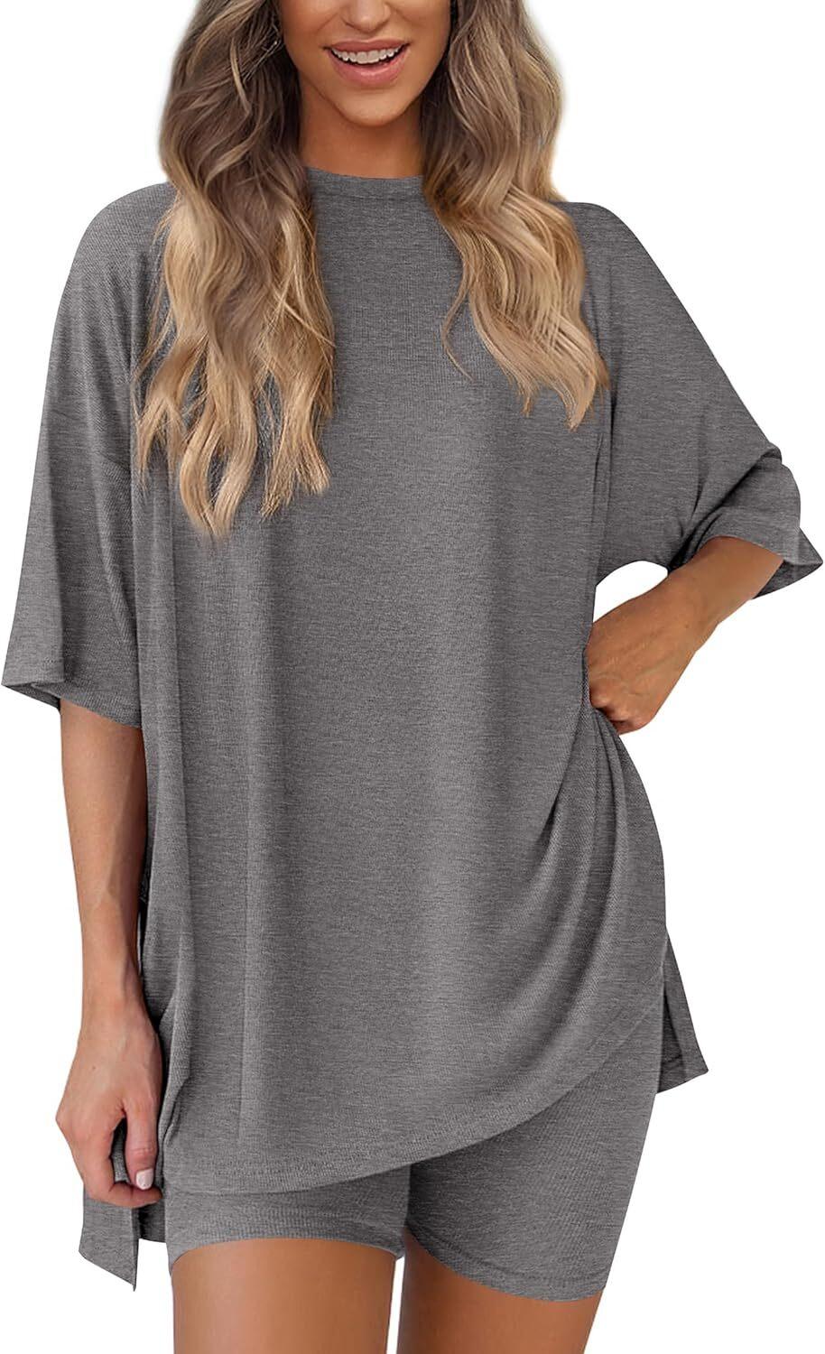 🎄Christmas Special Sale🎁Women's Two Piece Lounge Set 2026 Summer Casual Oversized Shirts  Biker Shorts Matching Airport Travel Outfit