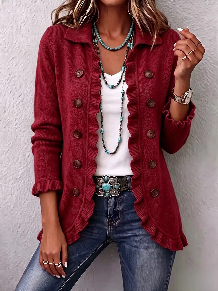Chic Knit Ruffle-Trim Cardigan - Red
