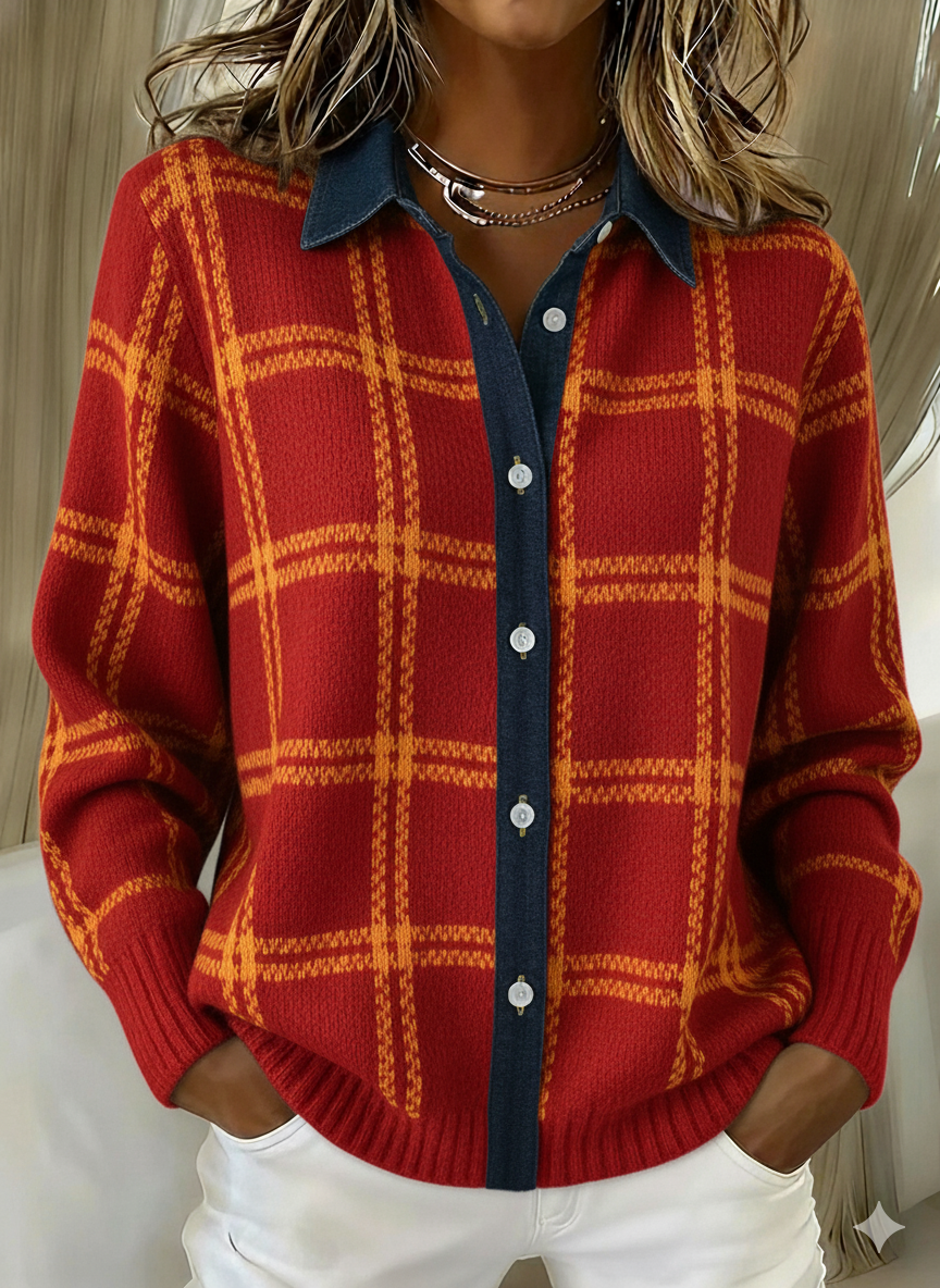 CLEARANCE SALE🔥 Denim Patchwork Contrast Plaid Polo Collar Button Cardigan Sweater