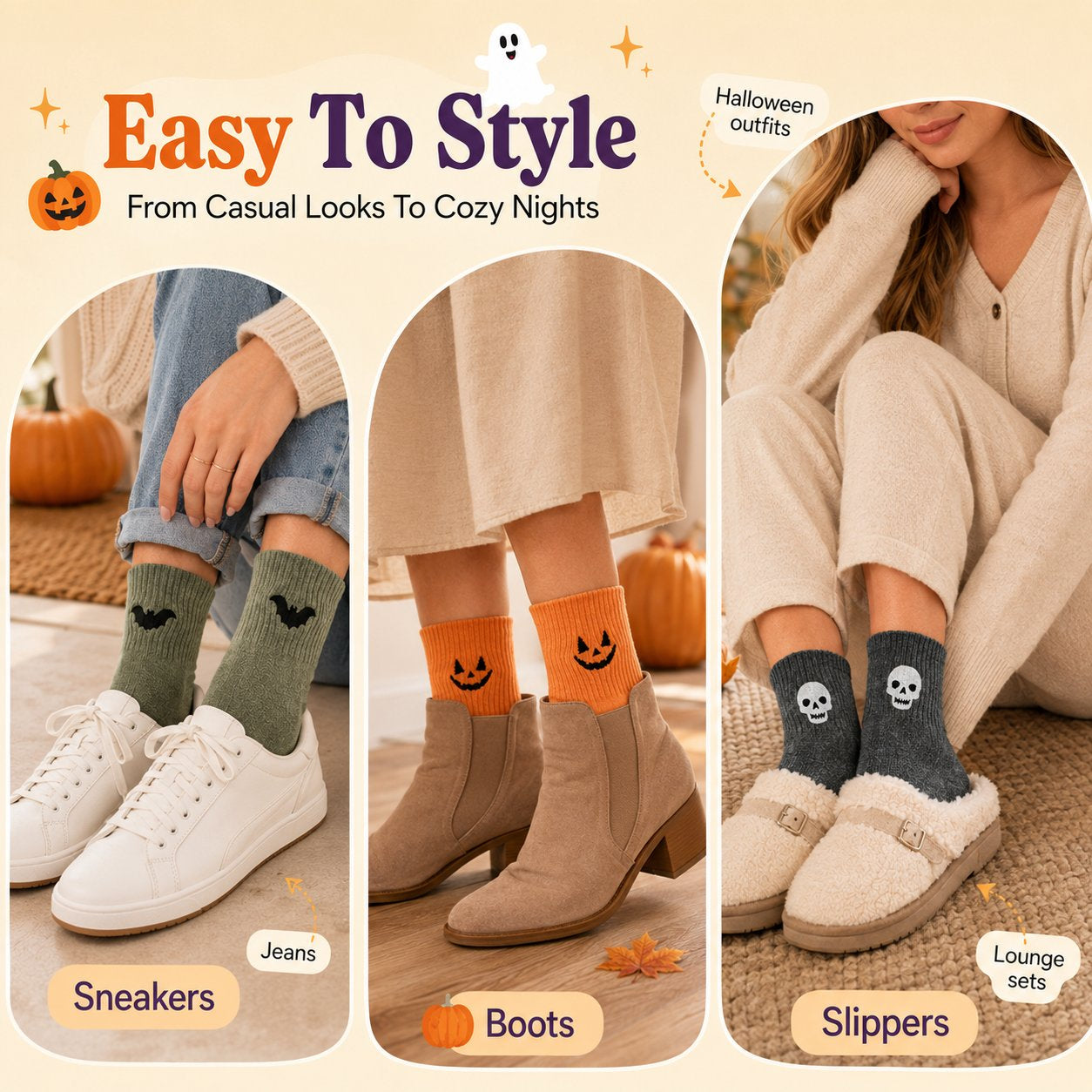 Halloween embroidered crew socks styled with sneakers boots and slippers