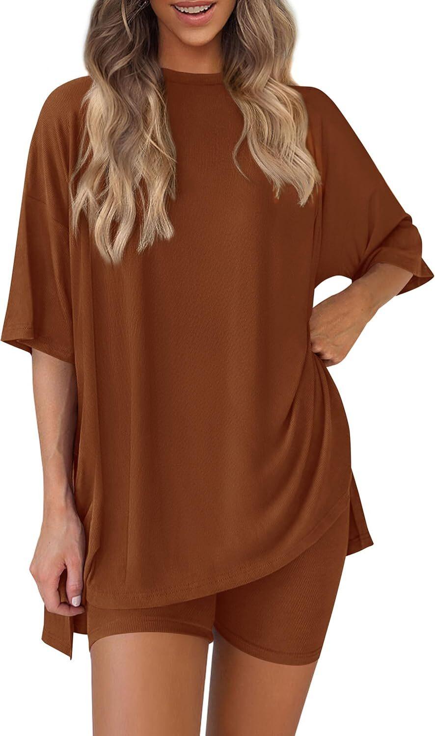 🎄Christmas Special Sale🎁Women's Two Piece Lounge Set 2026 Summer Casual Oversized Shirts  Biker Shorts Matching Airport Travel Outfit