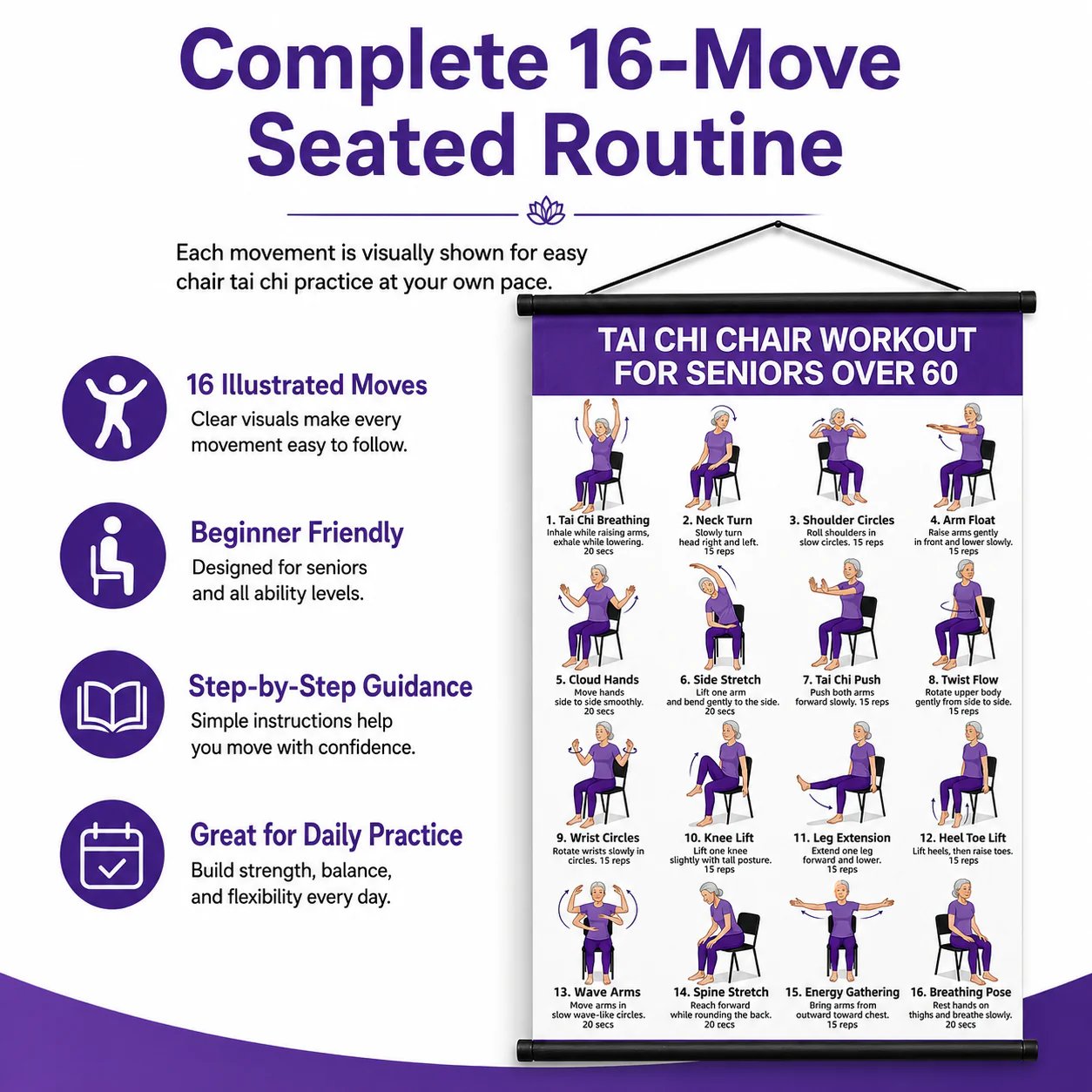 Complete 16-move seated Tai Chi routine with beginner-friendly visual guidance
