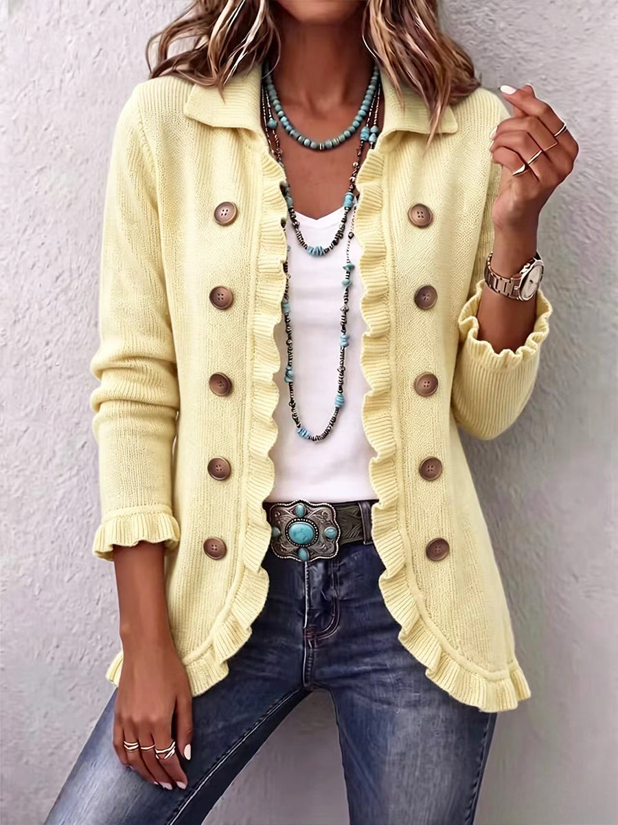 Chic Knit Ruffle-Trim Cardigan - Yellow