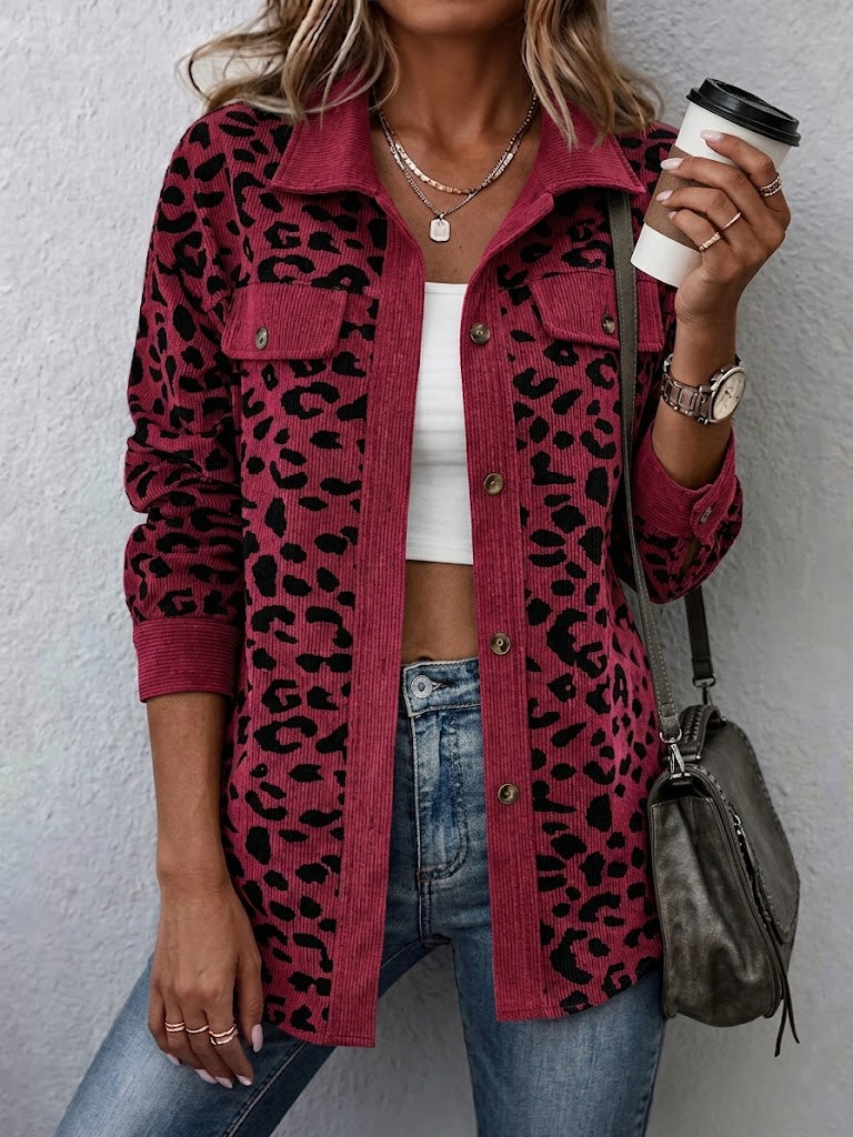 Contrast Rib Collar Leopard Print Corduroy Long Sleeve Shirt Jacket - Red