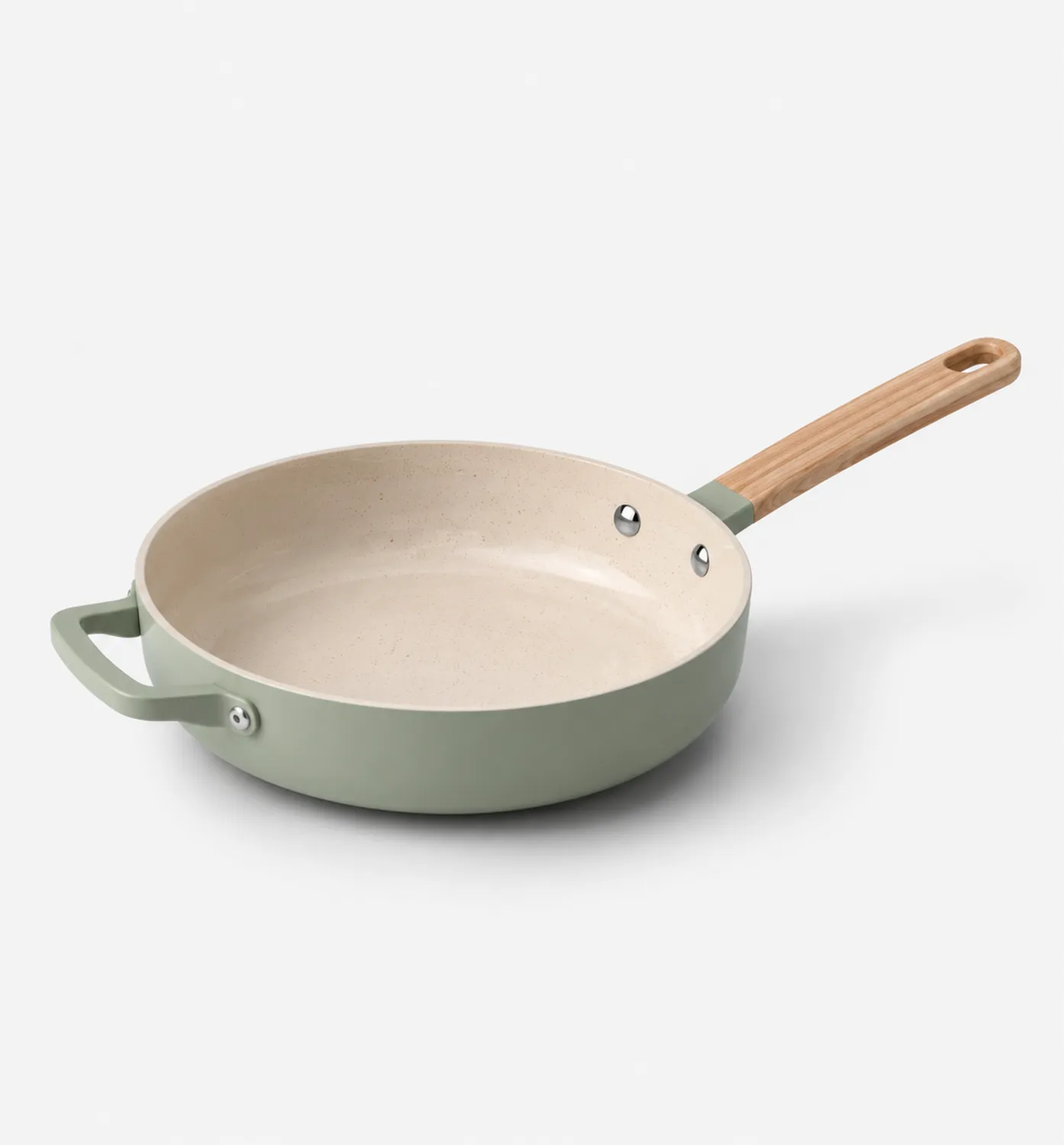 Padella Antiaderente Ø30 cm Verde Salvia con Manico in Legno