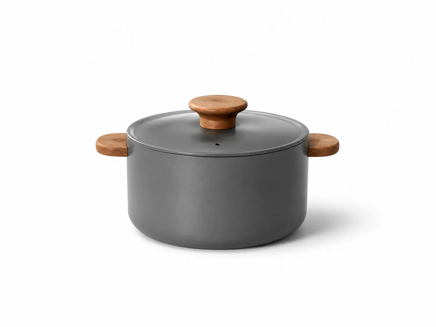 Pentola in Grigio Opaco con Manici in Legno e Coperchio