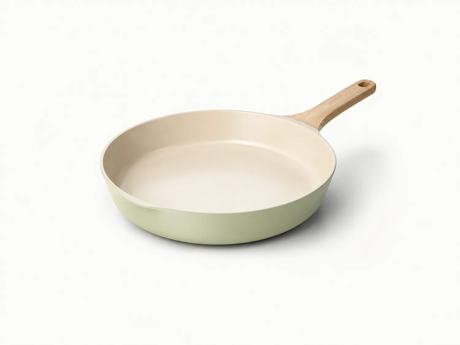 Padella in ceramica verde chiaro con manico in legno