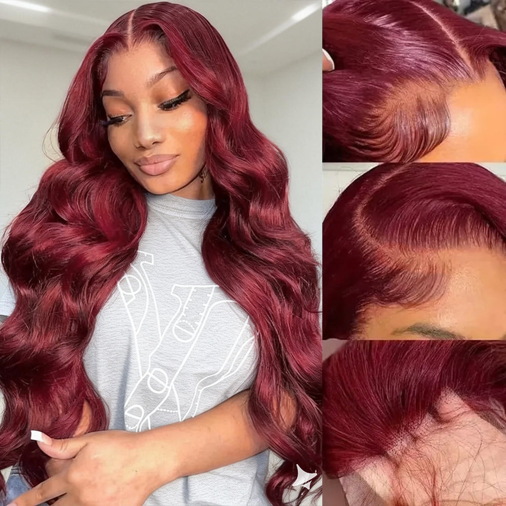 Hairsmarket 99J Burgundy Colored 13x6 Full Lace Frontal Wig Straight Body Wave Human Hair Wigs