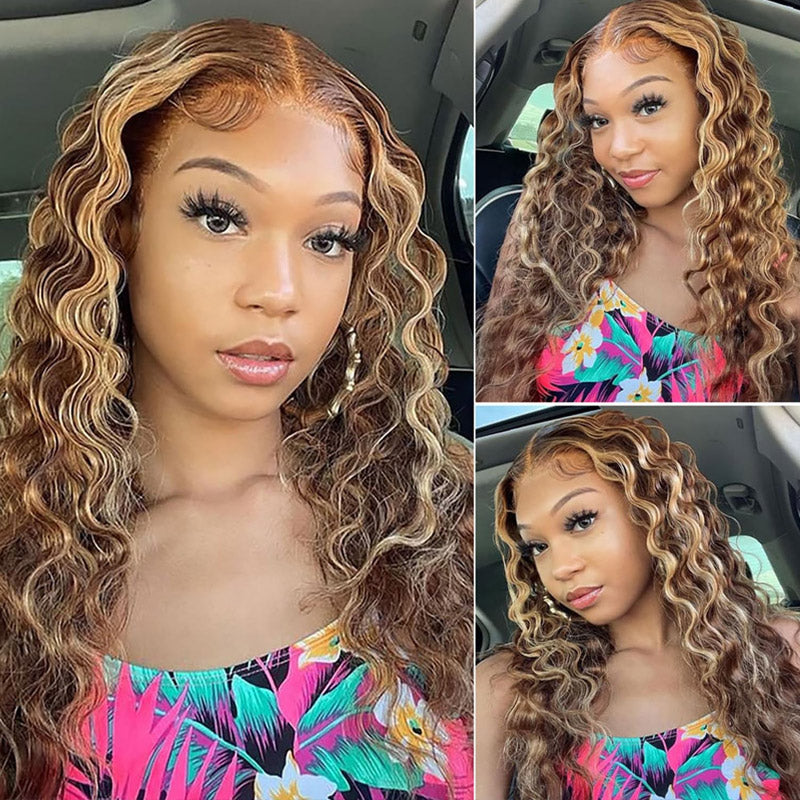 30"=$185 | Hairsmarket Loose Deep P4/27 Color Highlight Wig 13x6 HD Lace Front Wig Honey Blonde Glueless Human Hair Wig 180% Density