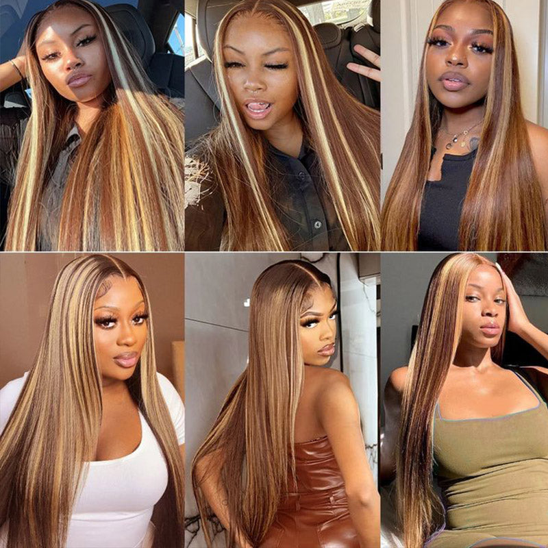 30"=$185| Hairsmarket P4/27 Color Highlight Wig 13x6 HD Lace Front Wig Straight Honey Blonde Glueless Human Hair Wig