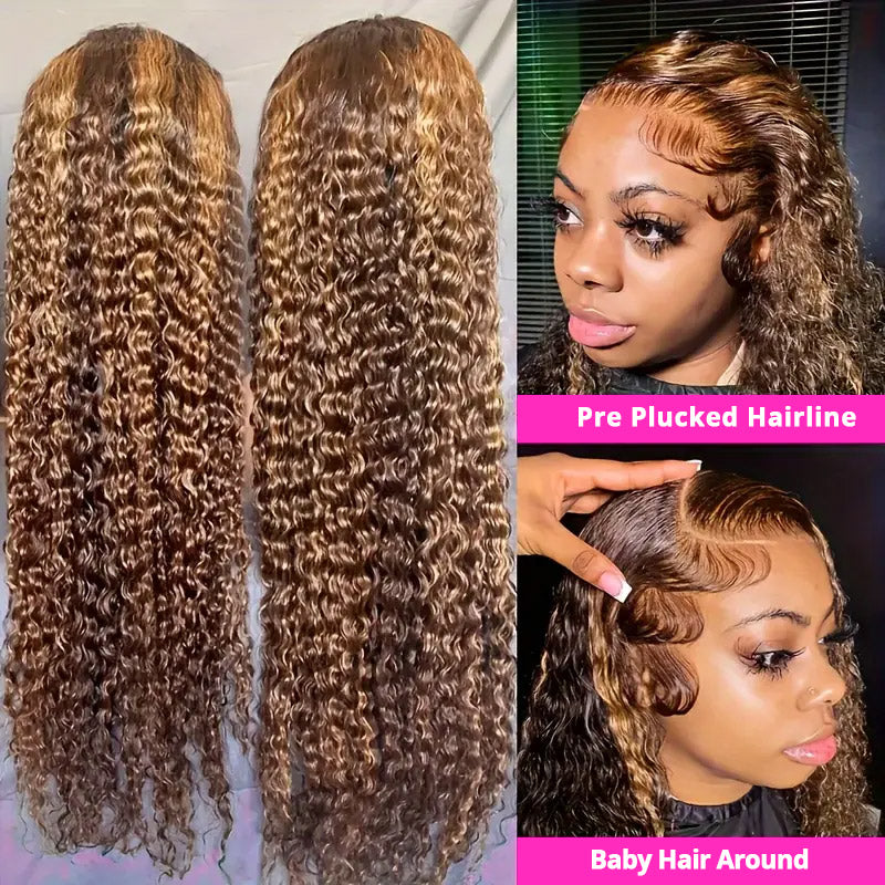 30"=$185 | Hairsmarket P4/27 Color Deep Wave Highlight Wig 13x6 HD Lace Front Wig Honey Blonde Glueless Human Hair Wig 180% Density