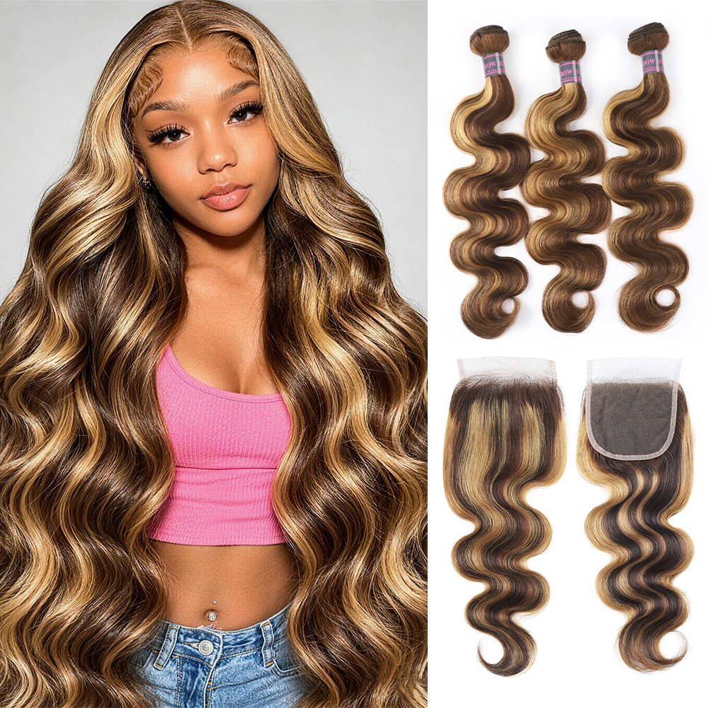 Hairsmarket P4/27 Highlight Color Body Bundles With Closure Honey Blonde 3 Bundles with 5x5 Lace Closure