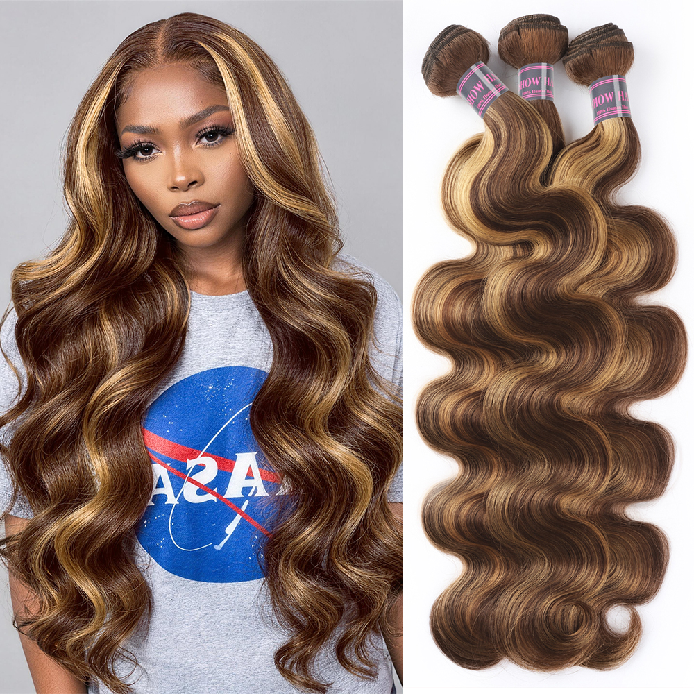 Hairsmarket Honey Blonde Highlight P4/27 Brazilian Body Wave 100% Virgin Human Hair 3 Bundles